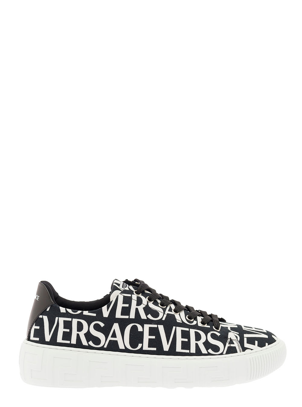 VERSACE BLACK LOW-TOP SNEAKERS WITH ALL-OVER CONTRASTING LOGO PRINT IN COTTON CANVAS MAN