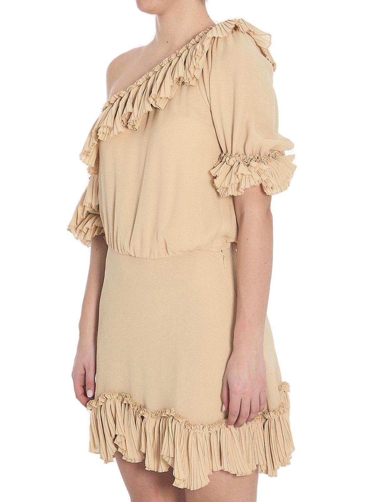 Saint Laurent Beige One-shoulder Dress With Asymmetric Neckline And Poet Sleeves In Silk Woman In Beige