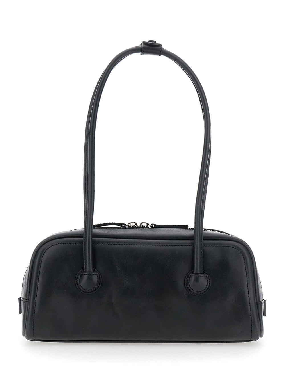 boston Black Shoulder Bag With Embossed Logo Lettering On The Front In Leather Woman