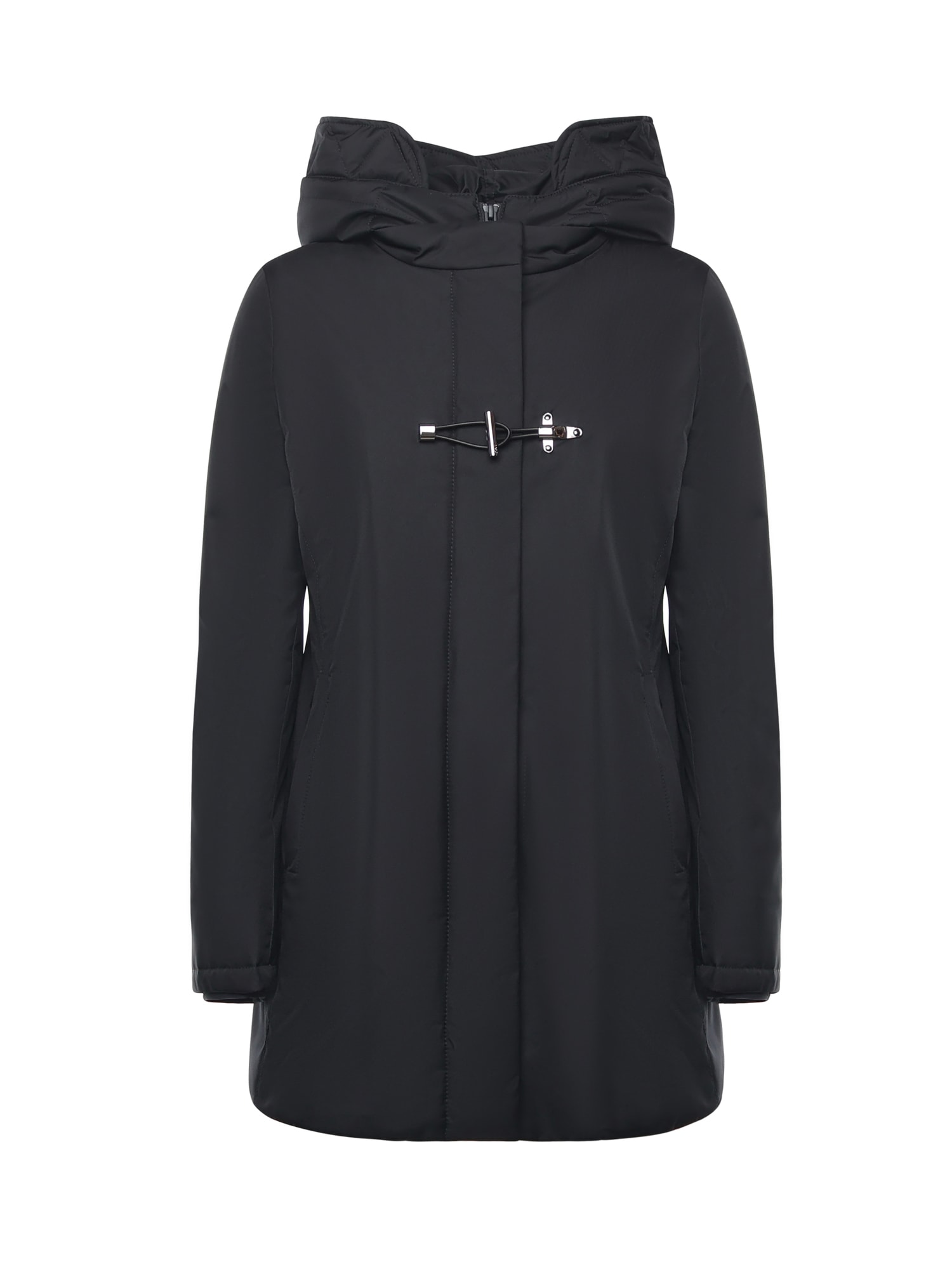 Fay Hooded Black Jacket With Quilted Detailing And Toggle Closure In Blue
