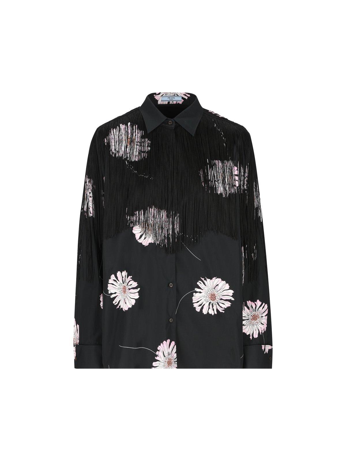 Prada Rose-printed Long-sleeved Fringed Shirt In Black