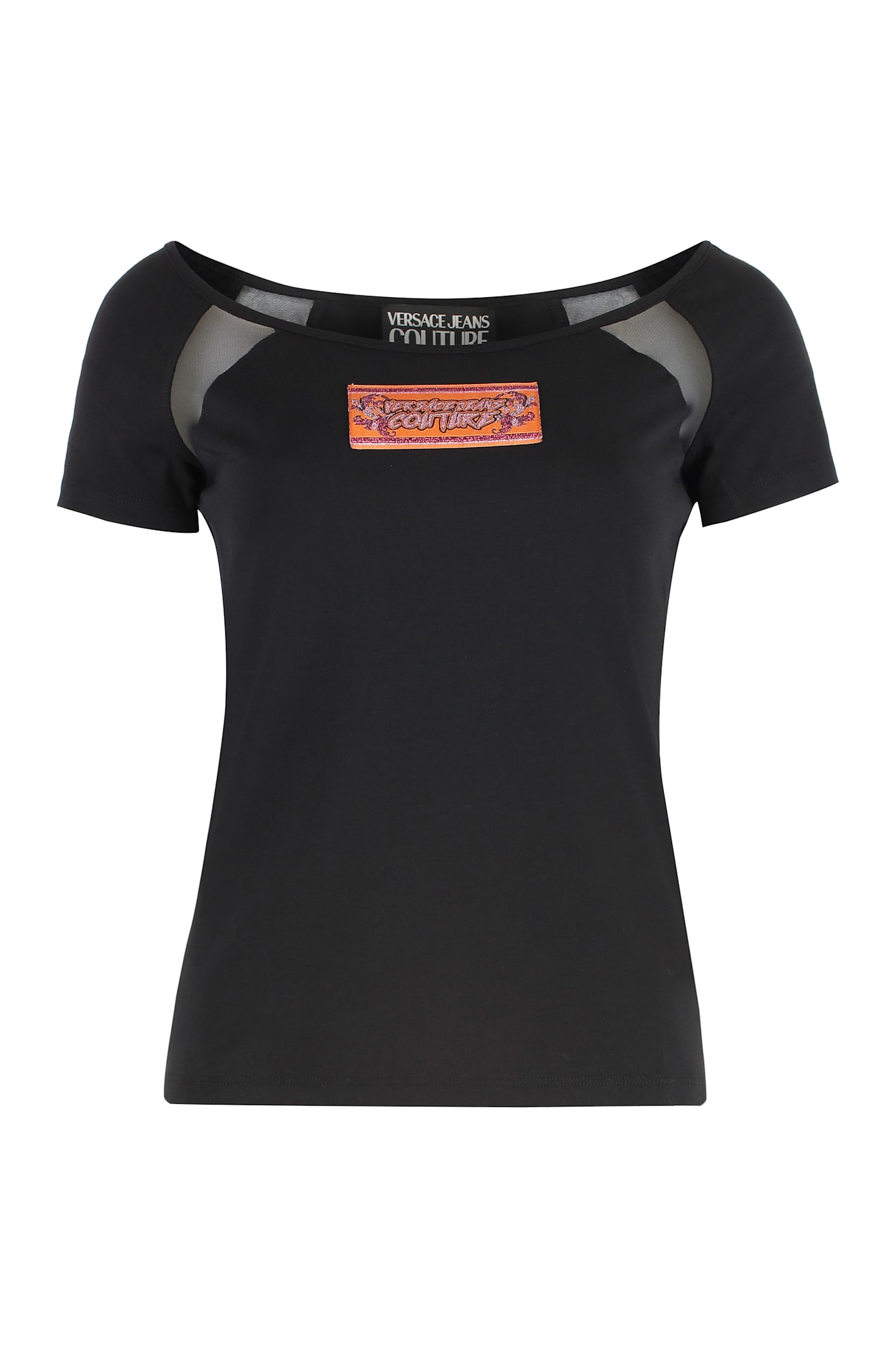 Versace Jeans Couture Cotton Logo T-shirt With Tulle And Mesh In Black