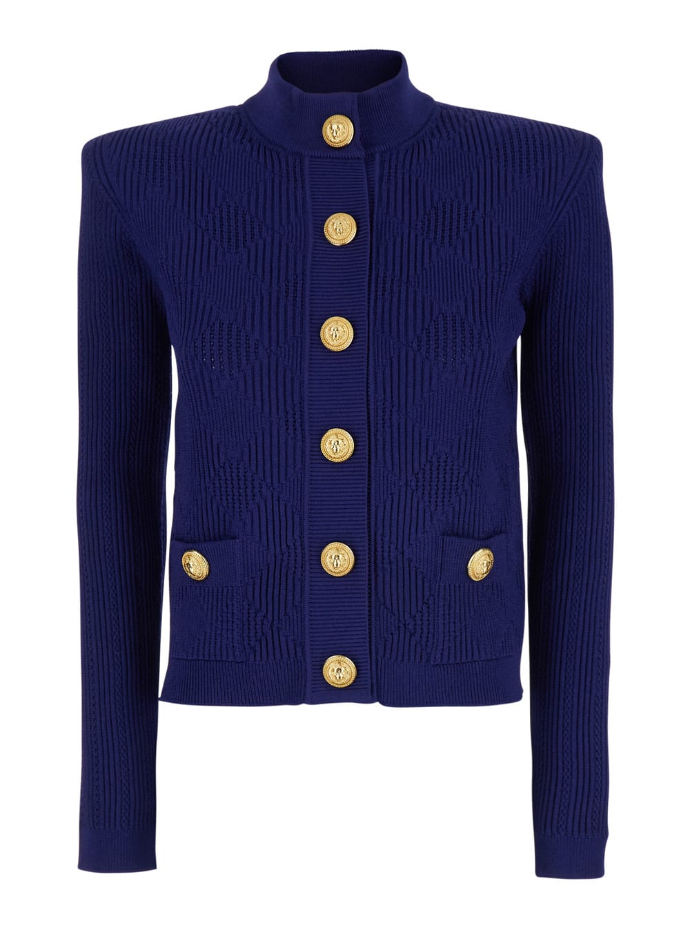 Shop Balmain Blue Cardigan With High Neck And Jewel Buttons In Viscose Blend Woman