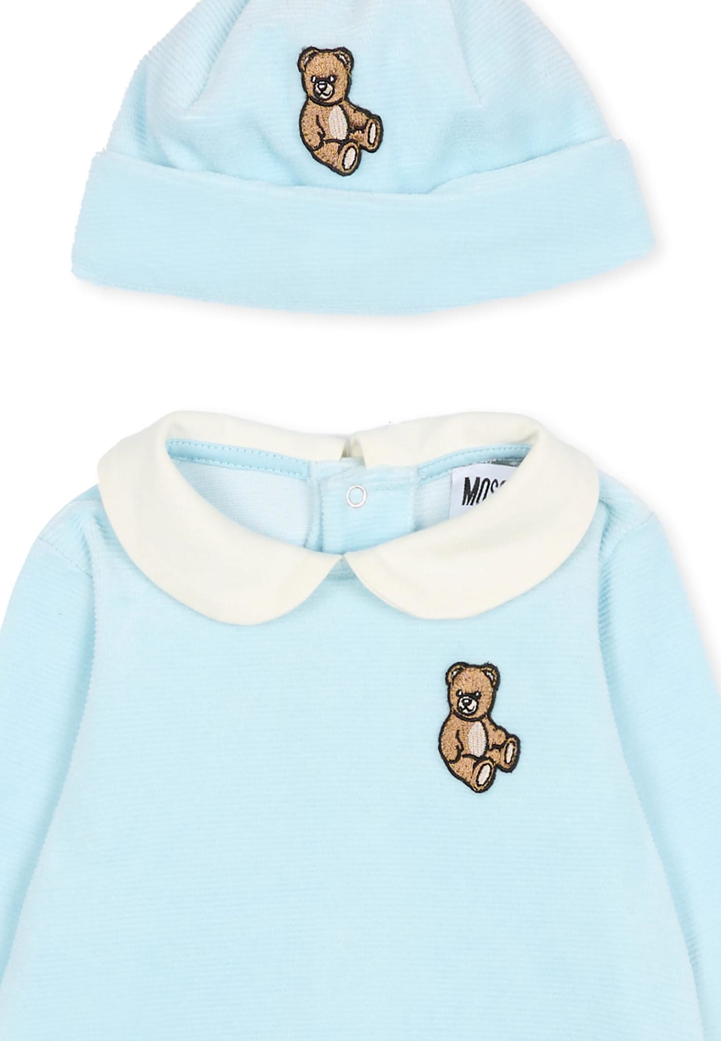 Moschino Light Blue Babygrow Set For Baby Boy With Teddy Bear In Blue