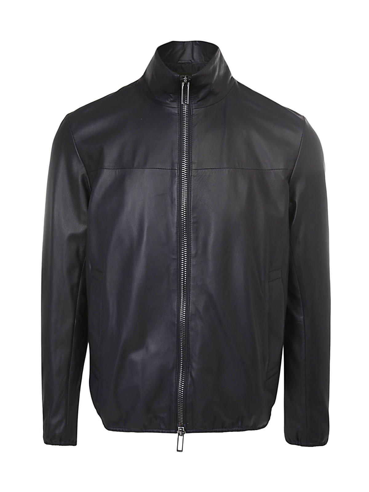 Shop Emporio Armani Zip-up Long Sleeved Leather Jacket In Blue