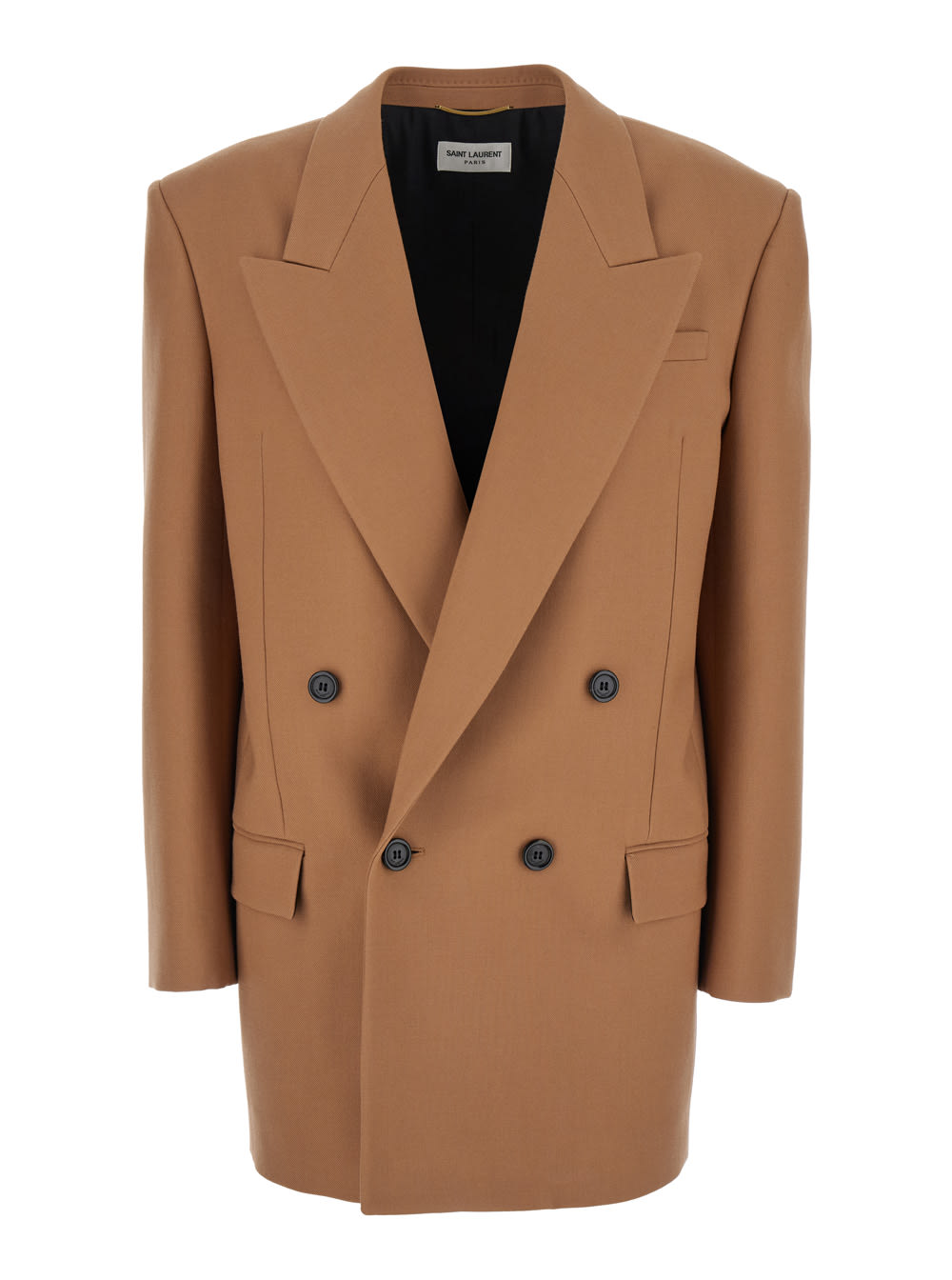 Shop Saint Laurent Beige Double-breasted Jacket With Peak Revers In Wool Woman