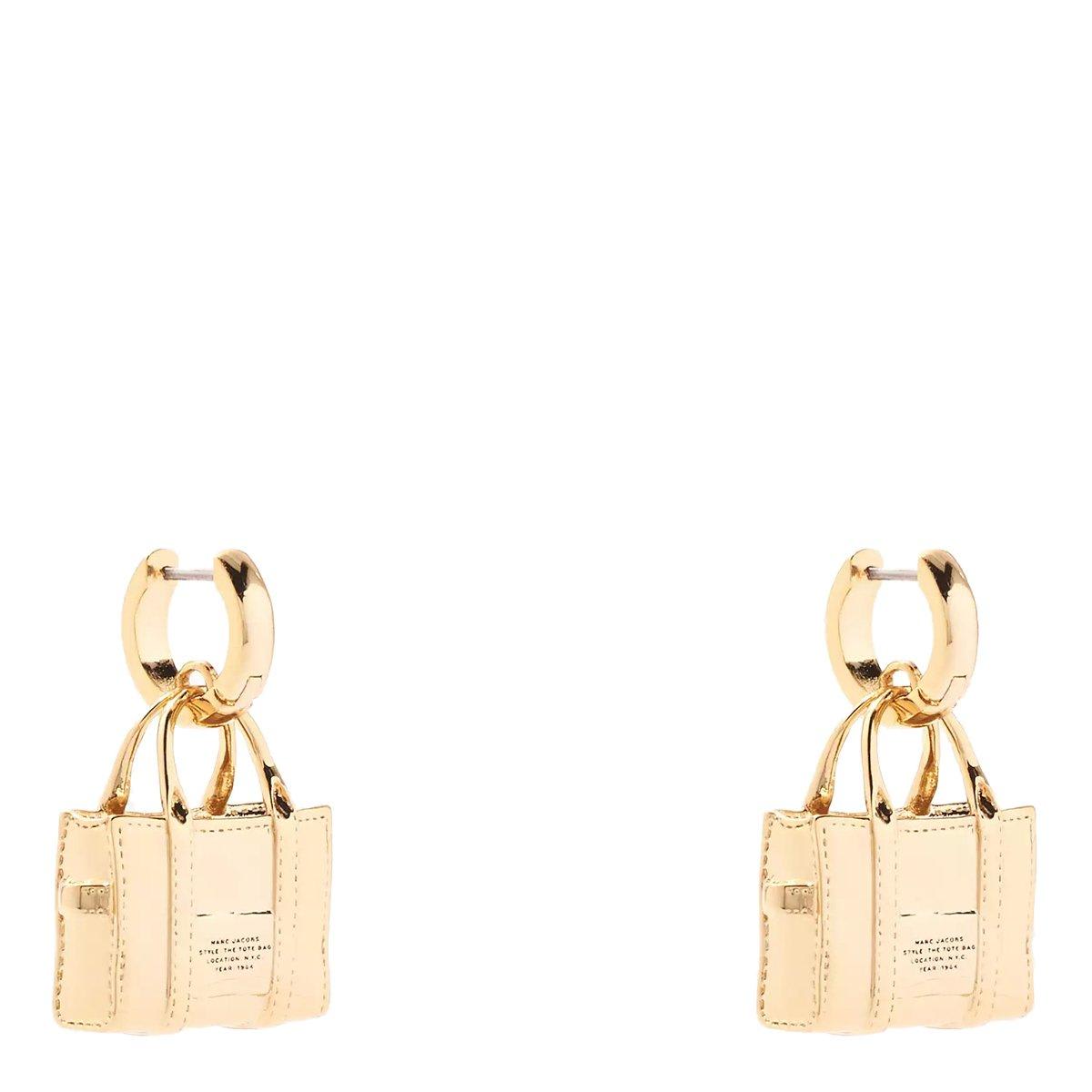 Shop Marc Jacobs Logo Engraved The Tote Bag Earrings In Golden