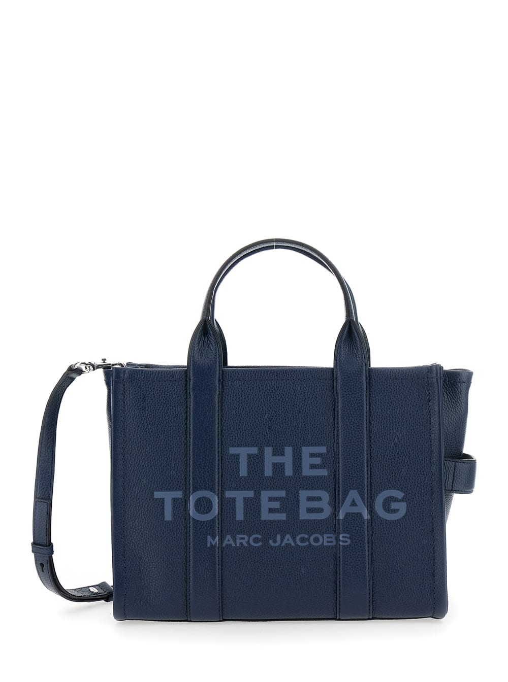 Marc Jacobs The Tote Bag Medium Blue Bag With Logo Print On The Front In Hammered Leather Woman