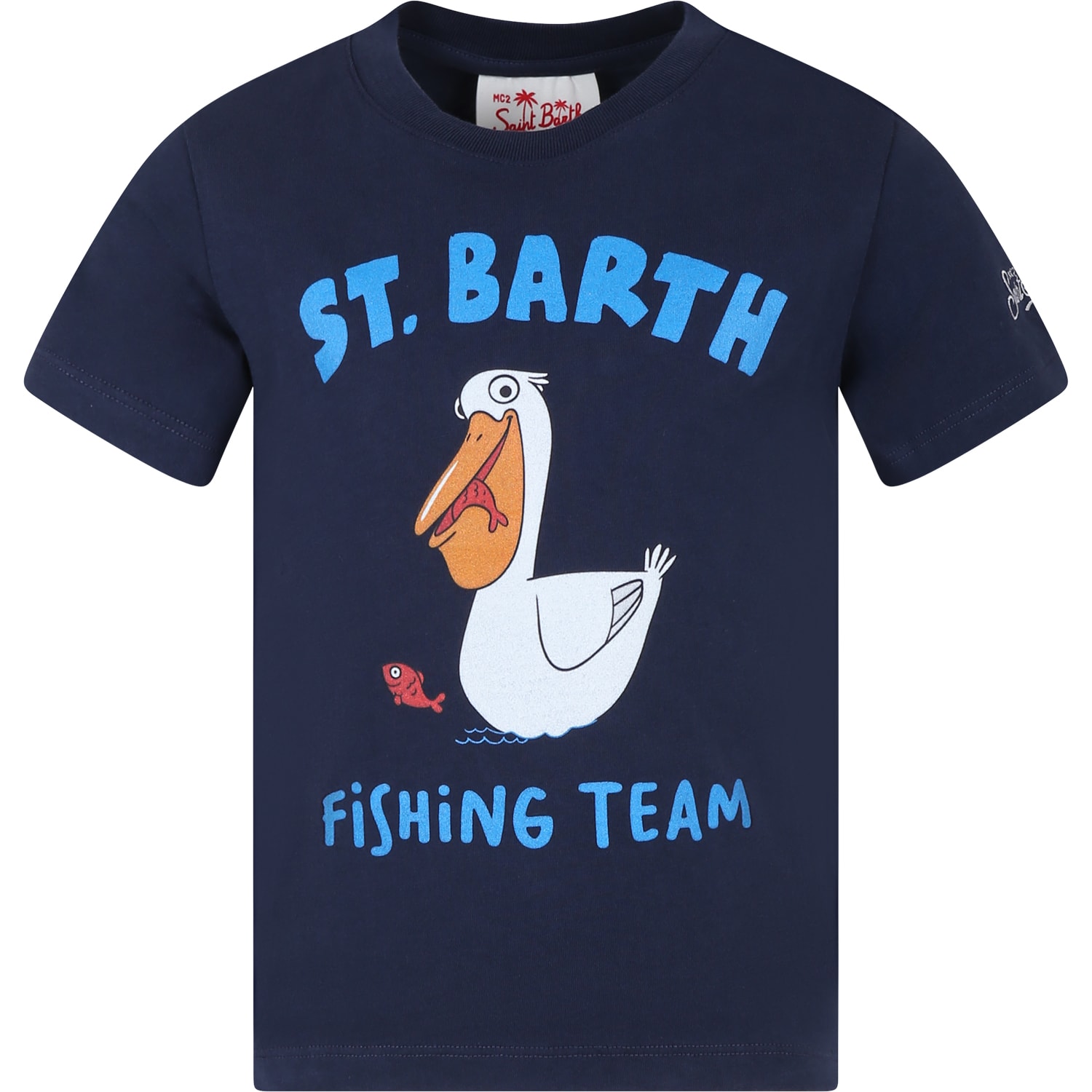 Shop Mc2 Saint Barth Blue T-shirt Forboy With Pelican Print And Logo