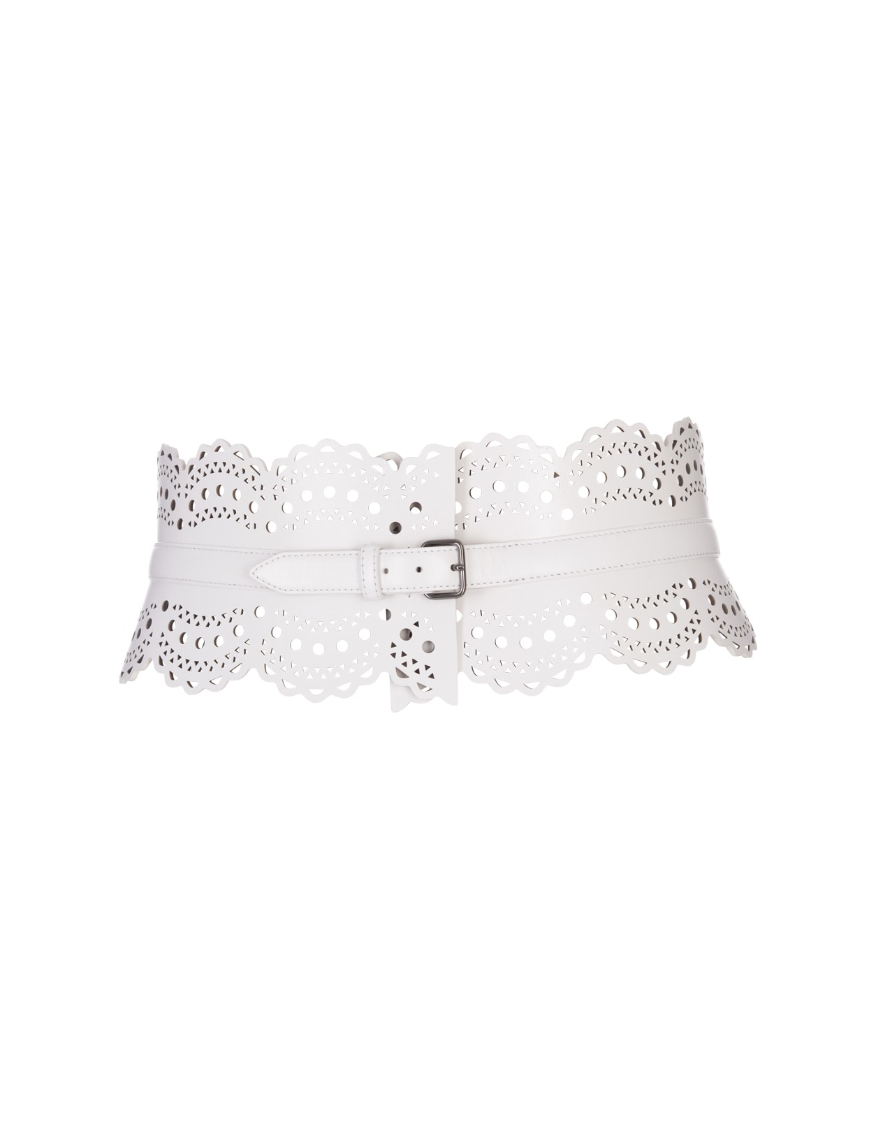 ALAÏA BUSTIER BELT IN WHITE PERFORATED LEATHER