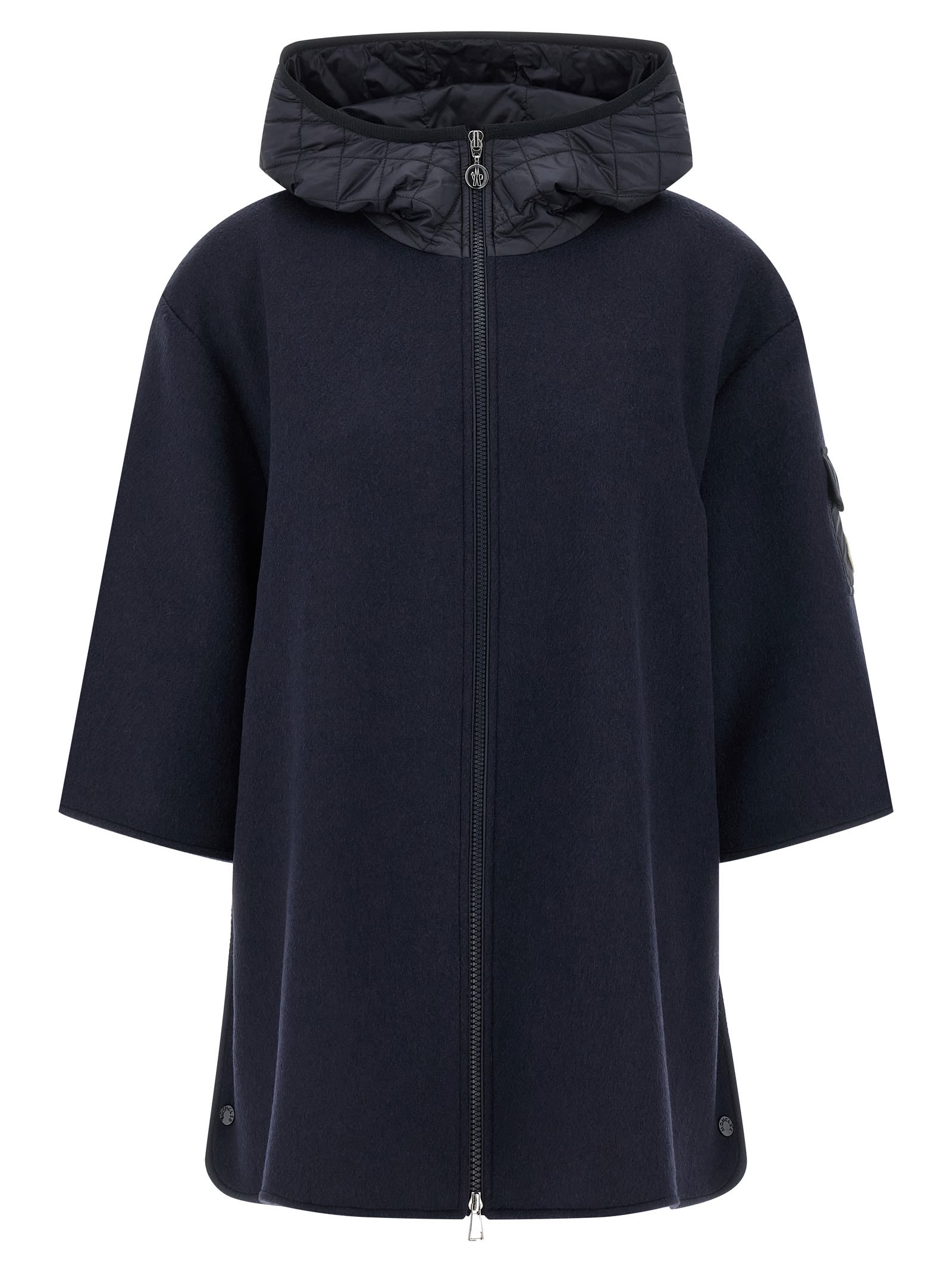 Moncler Wool Cape With Hood And Arm Patch In Blue