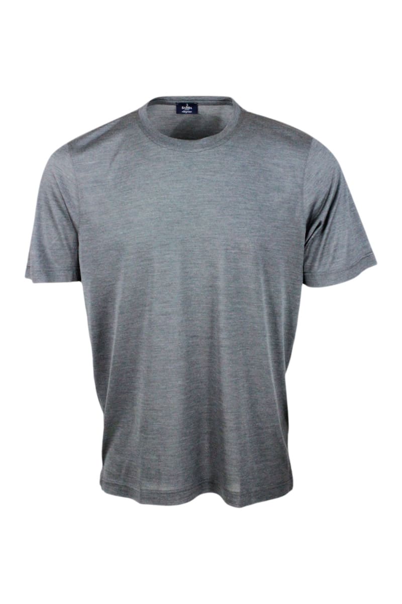 Barba Napoli 100% Luxury Silk Crew-neck Short-sleeved T-shirt With Slits On The Bottom In Grey