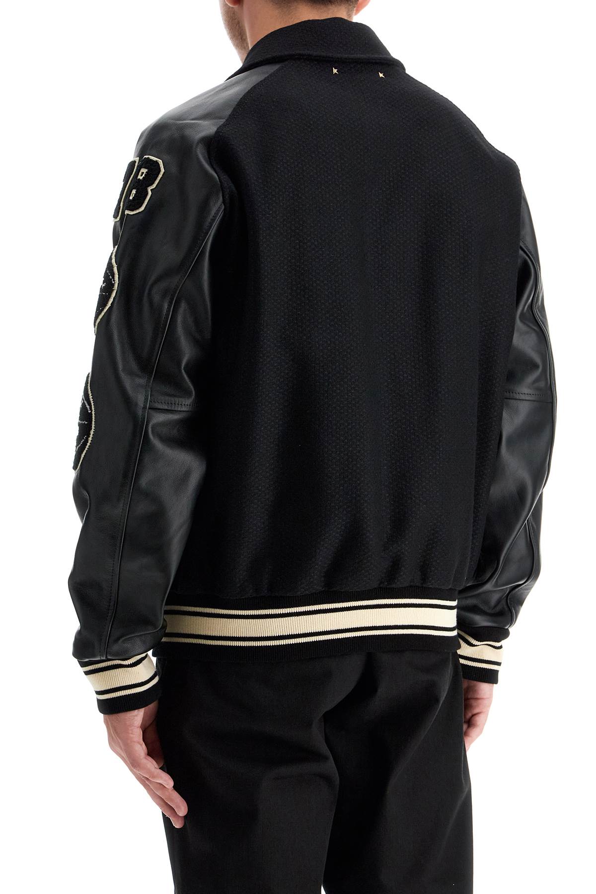 Shop Golden Goose Wool Bomber Jacket With Patch Details In Black/beige (black)