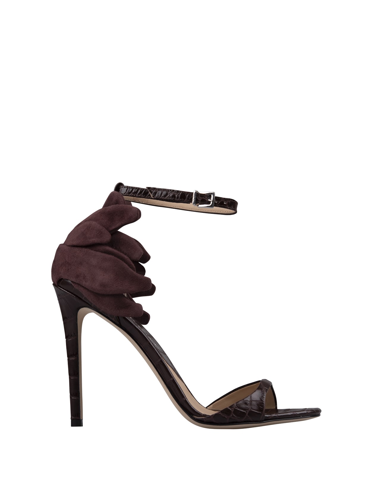 Ermanno Scervino Brown Crocodile Effect Leather Sandals With Flower Detailing