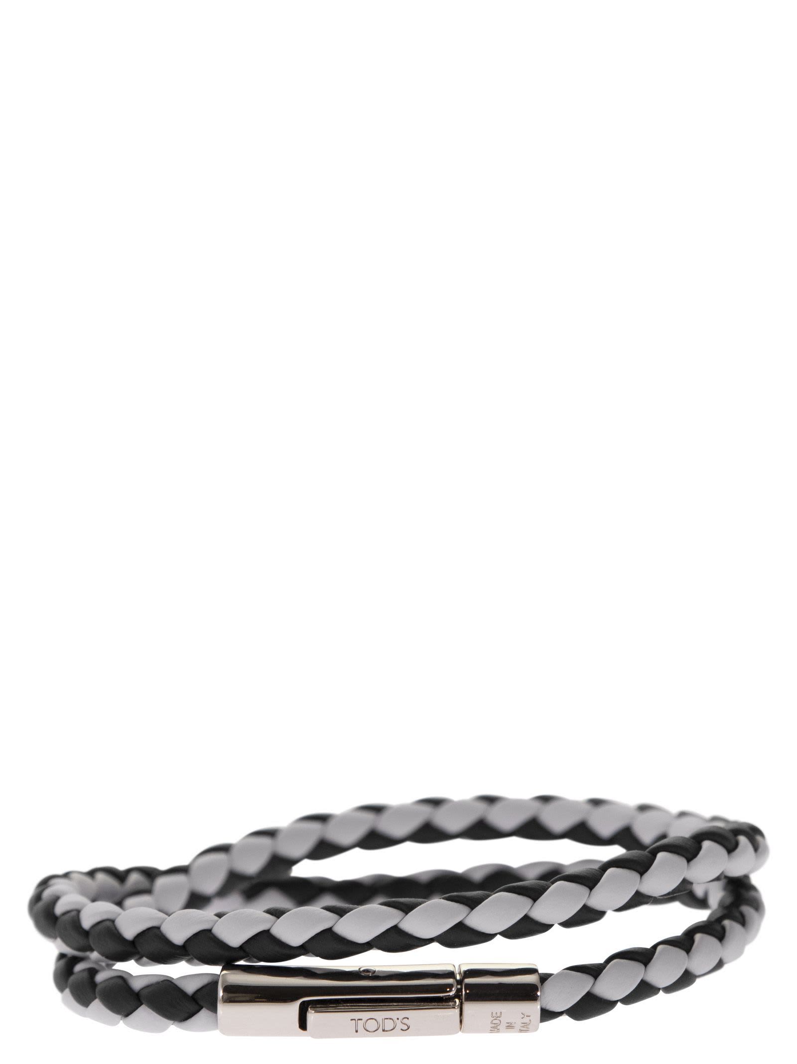 Shop Tod's Mycolors 2-turn Leather Bracelet In Black/white