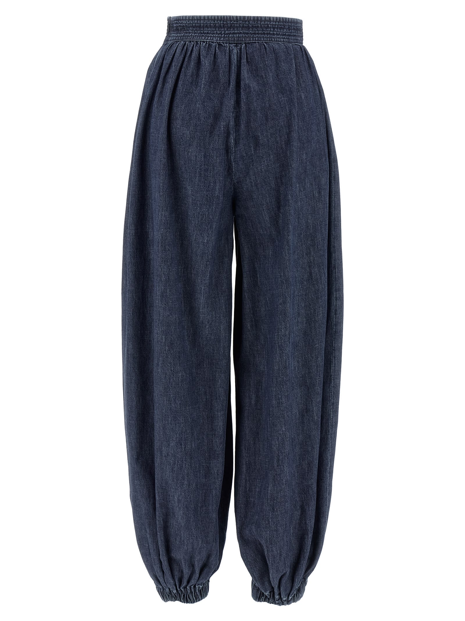 Valentino Tasseled Embroidered Chambray Tapered Pants In Blue