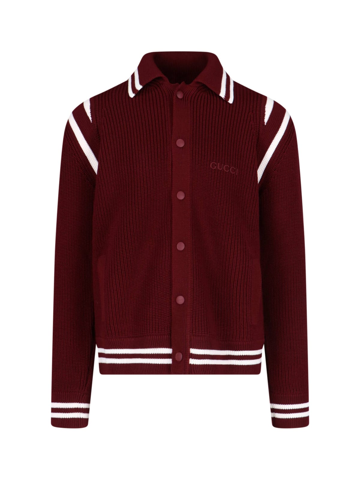 Gucci Wool Cardigan With Front Pockets And Ribbed Texture In Burgundy