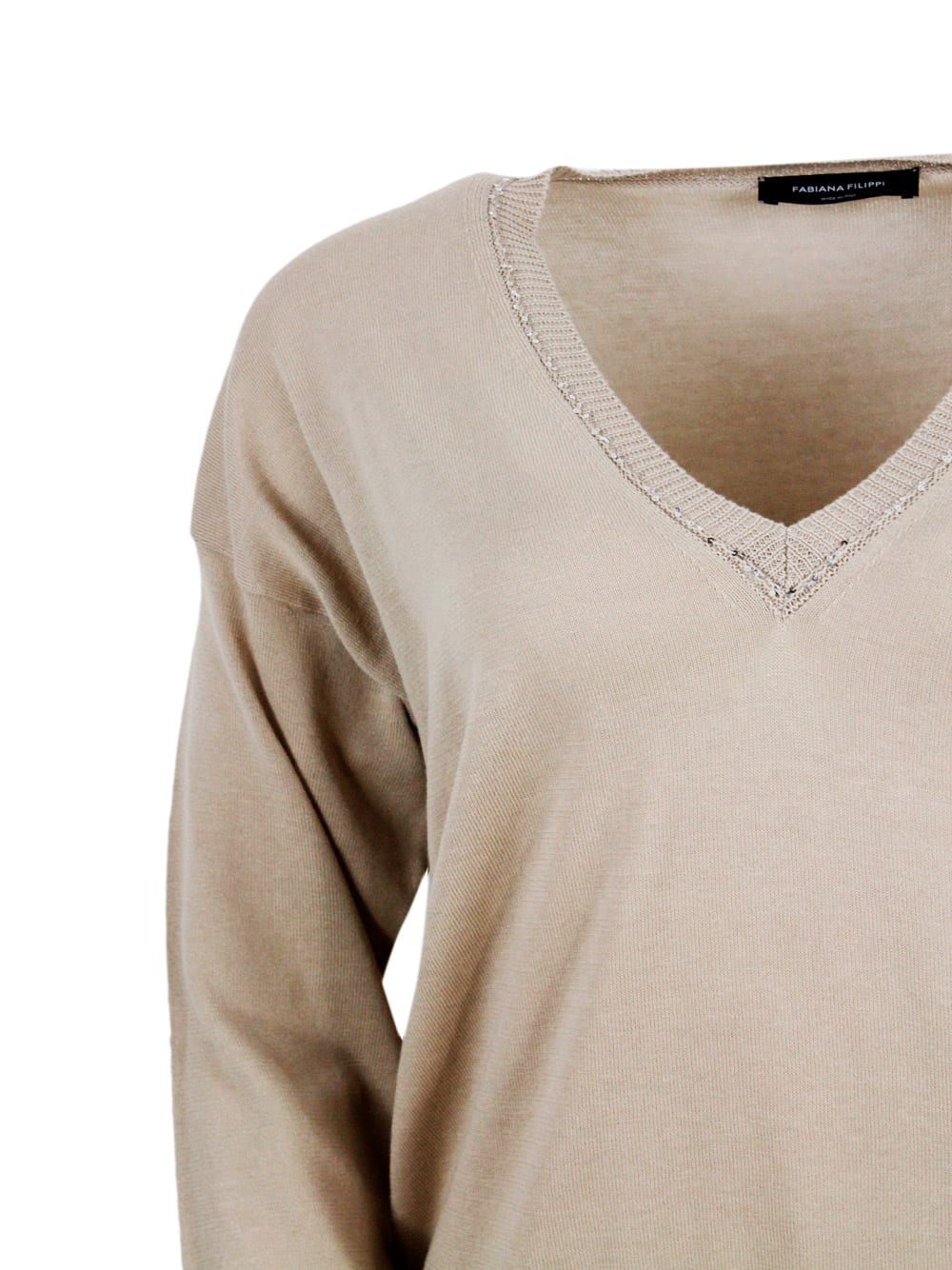 Shop Fabiana Filippi Long-sleeved V-neck Sweater In Fine Cotton Embellished With Brilliant Applied Microsequins In Camel