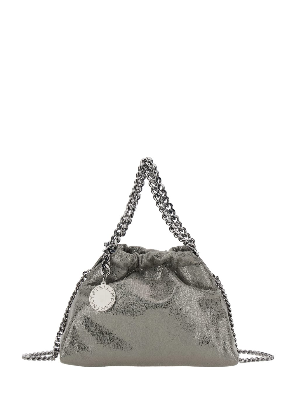 Stella Mccartney Falabella Metallic Crossbody Bag With Chain-link Shoulder Strap And Logo Charm On The Front In Ecole In Gray