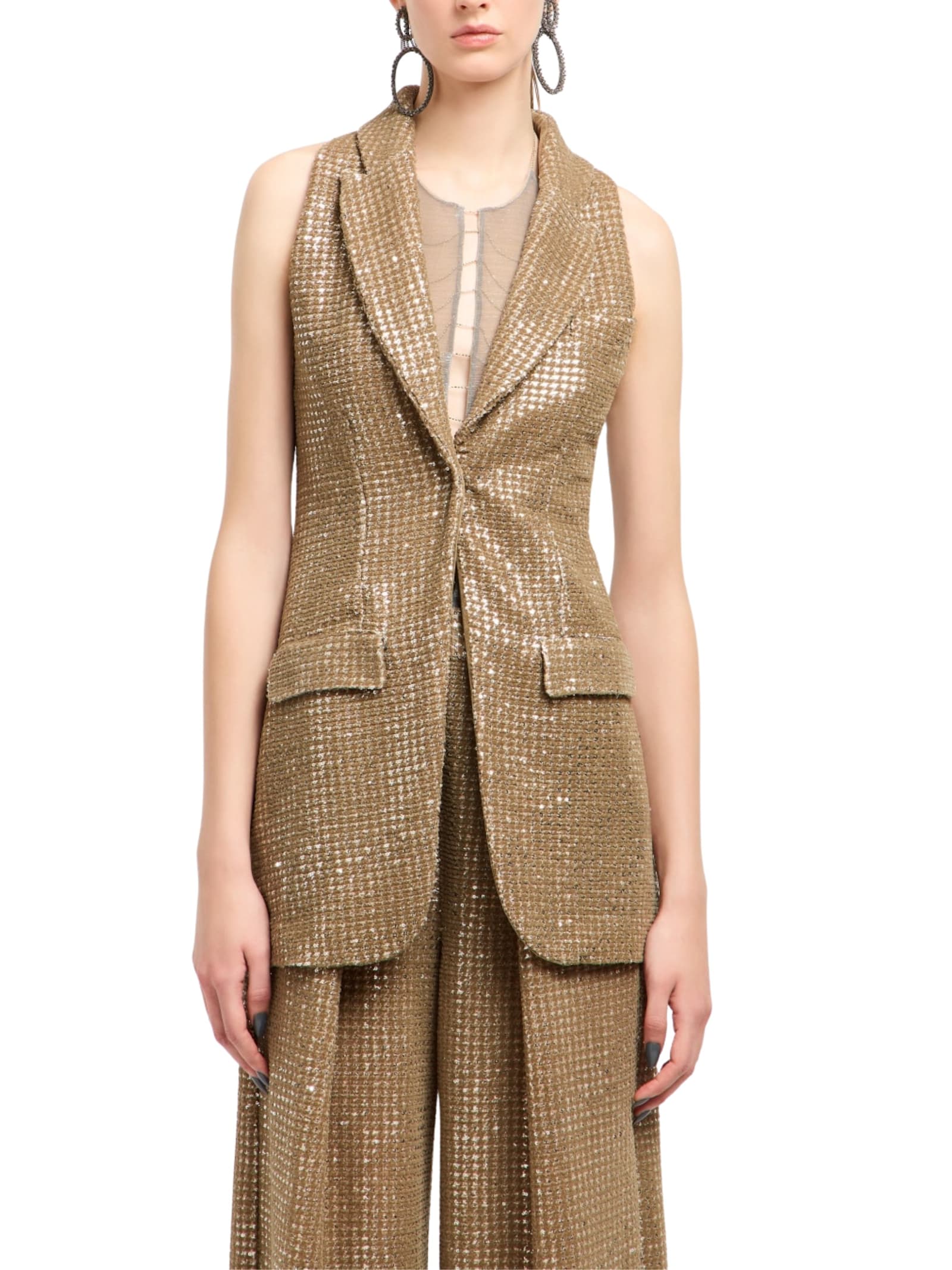 Giorgio Armani Long Jersey Waistcoat With A Flocked Print And Sequins In Brown