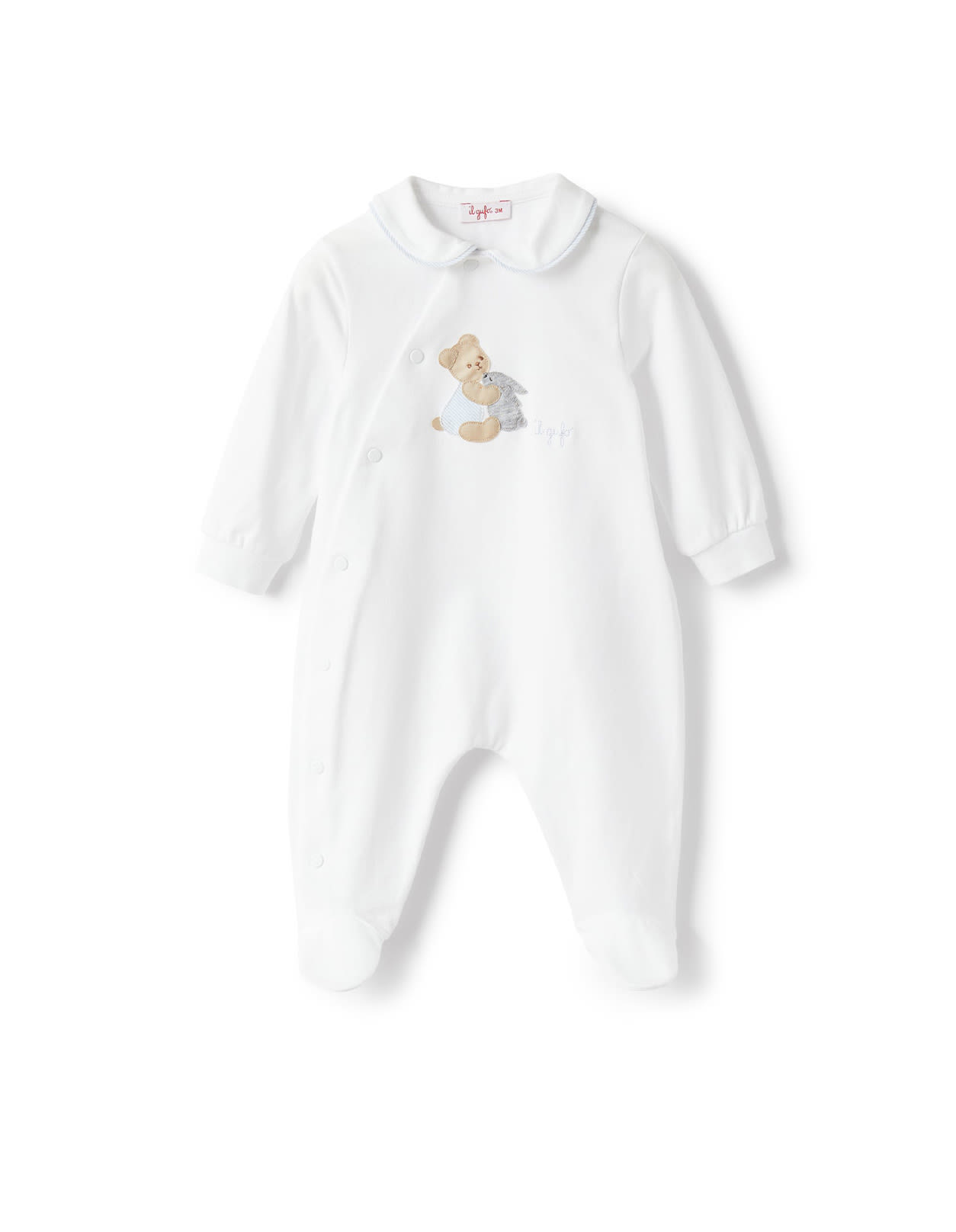 IL GUFO WHITE AND LIGHT BLUE SLEEPSUIT WITH TEDDY BEAR MOTIF