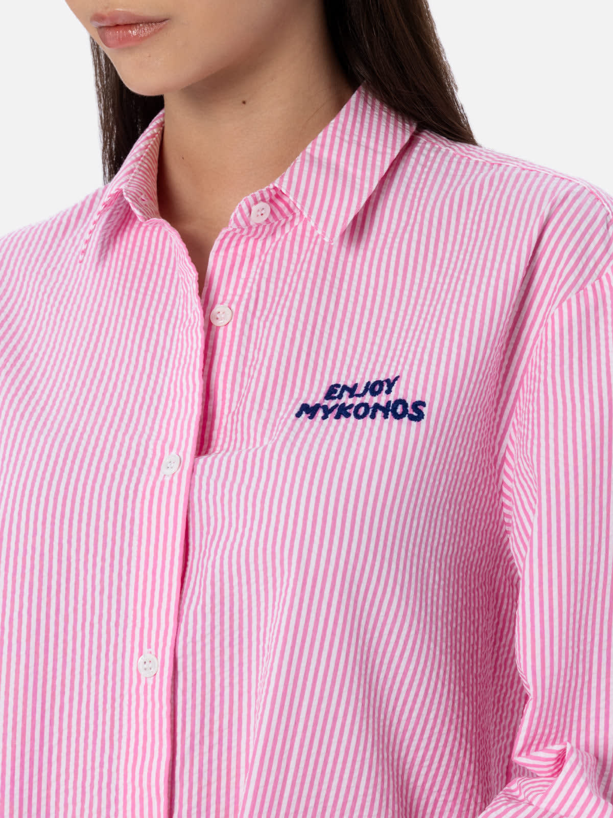 Mc2 Saint Barth Woman Striped Seeruscker Cotton Over Shirt Brigitte With Front And Back Mykonos Embroidery In Pink