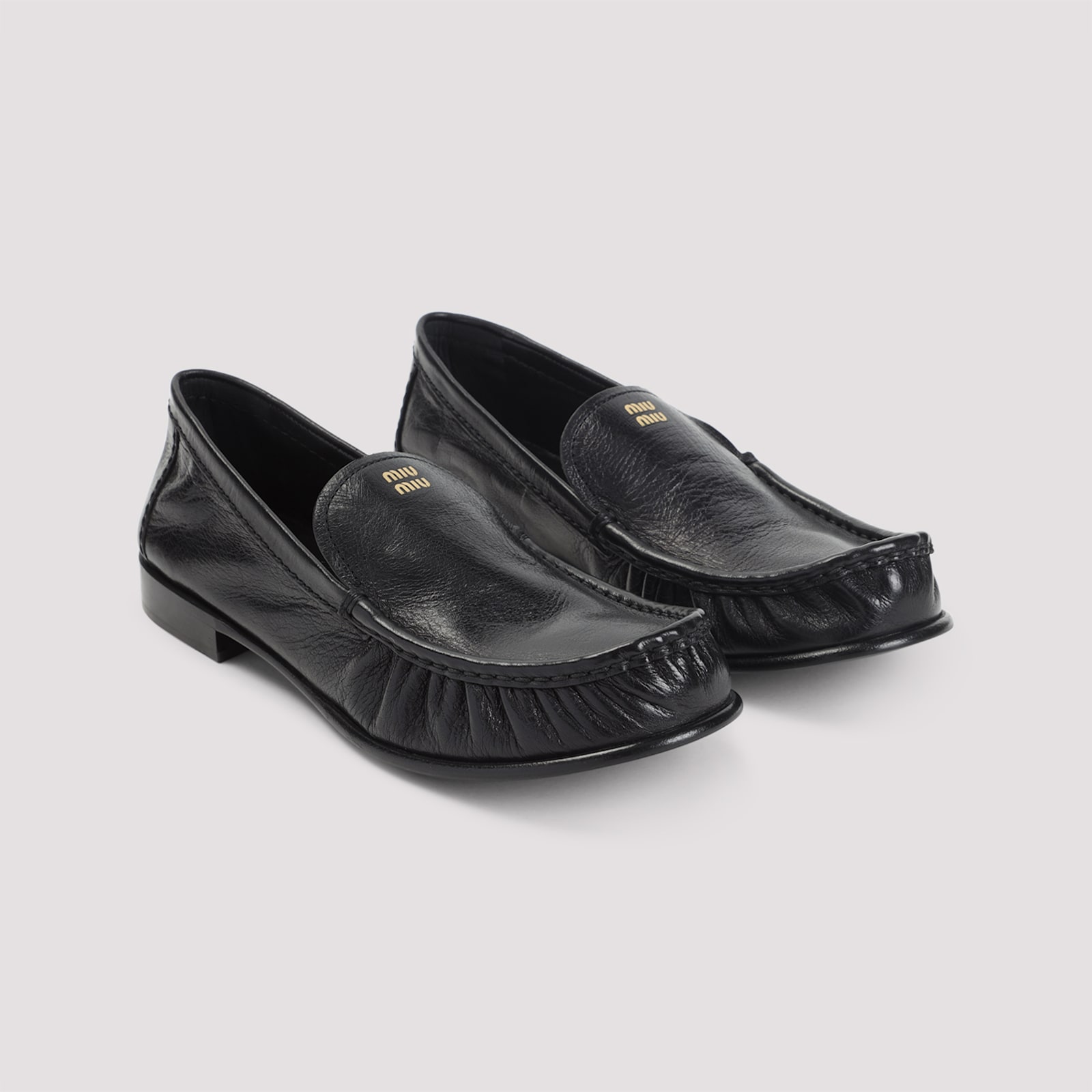 Miu Miu Gathered Detail Black Buffalo Leather Loafers In Black