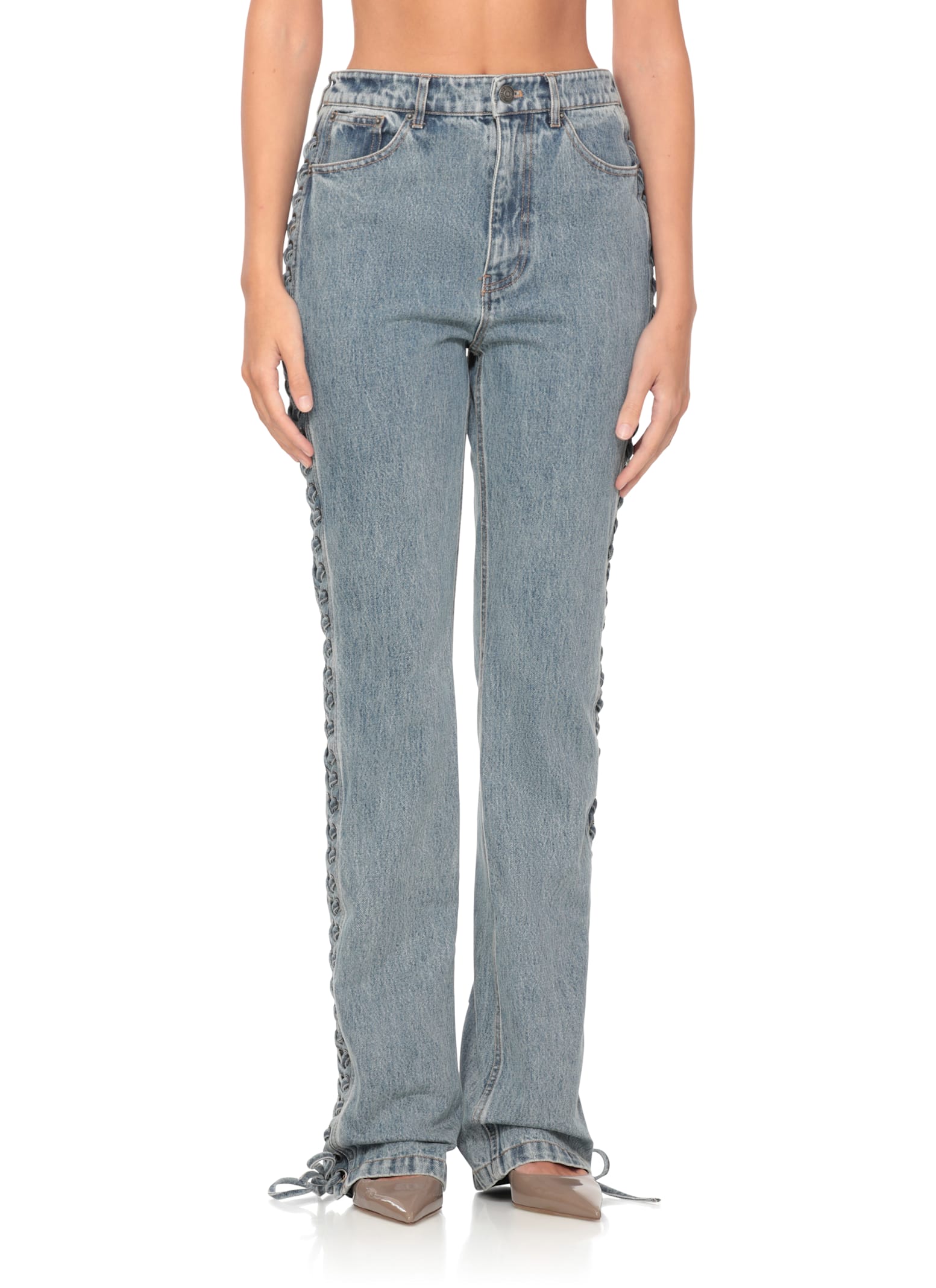 Rotate Birger Christensen Straight Denim Jeans With Side Braided Accents In Blue