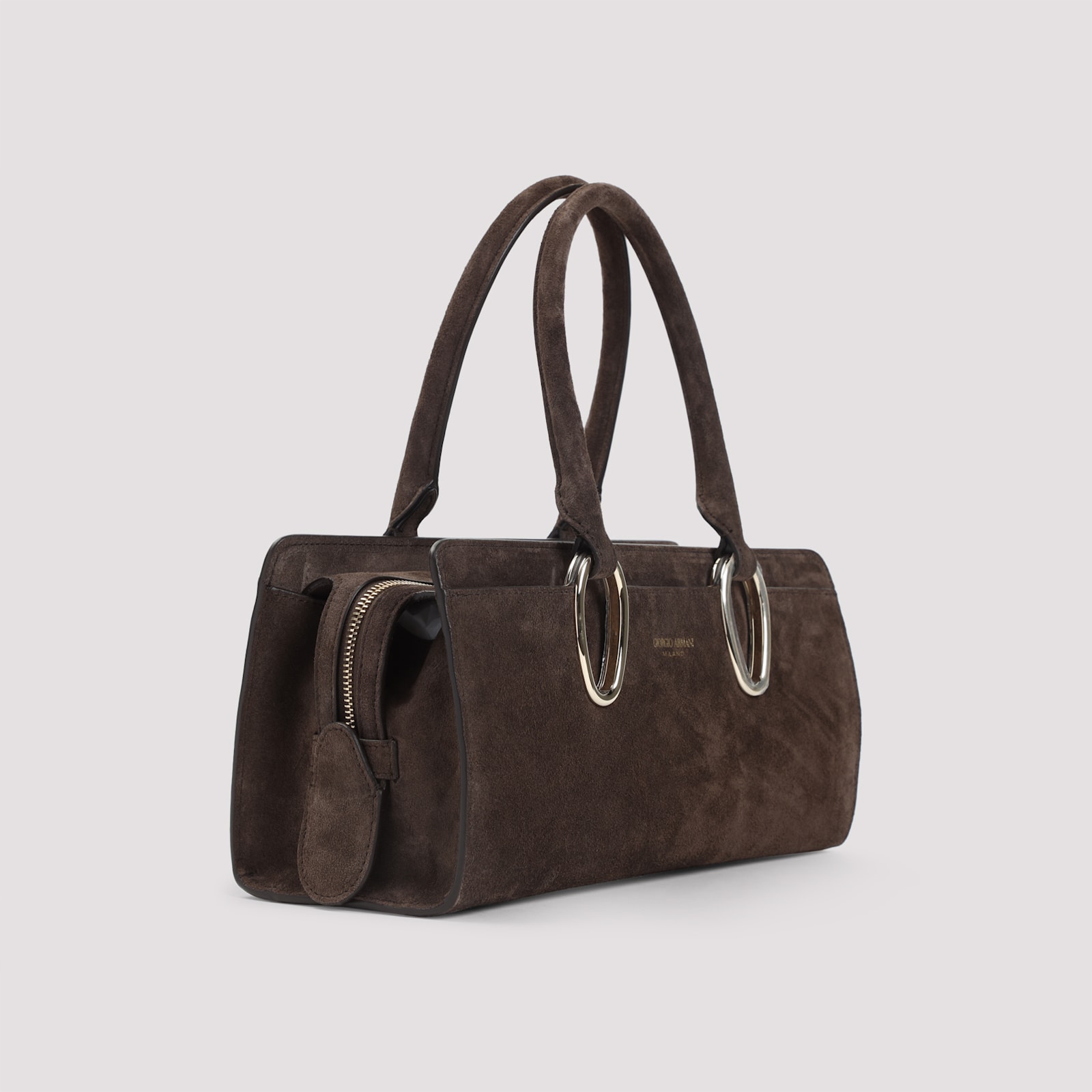 Giorgio Armani Rectangular Suede Shoulder Bag With Metal Hardware In Brown