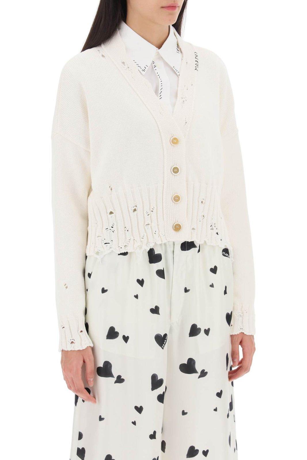 Shop Marni Distressed Cropped Knitted Cardigan In White