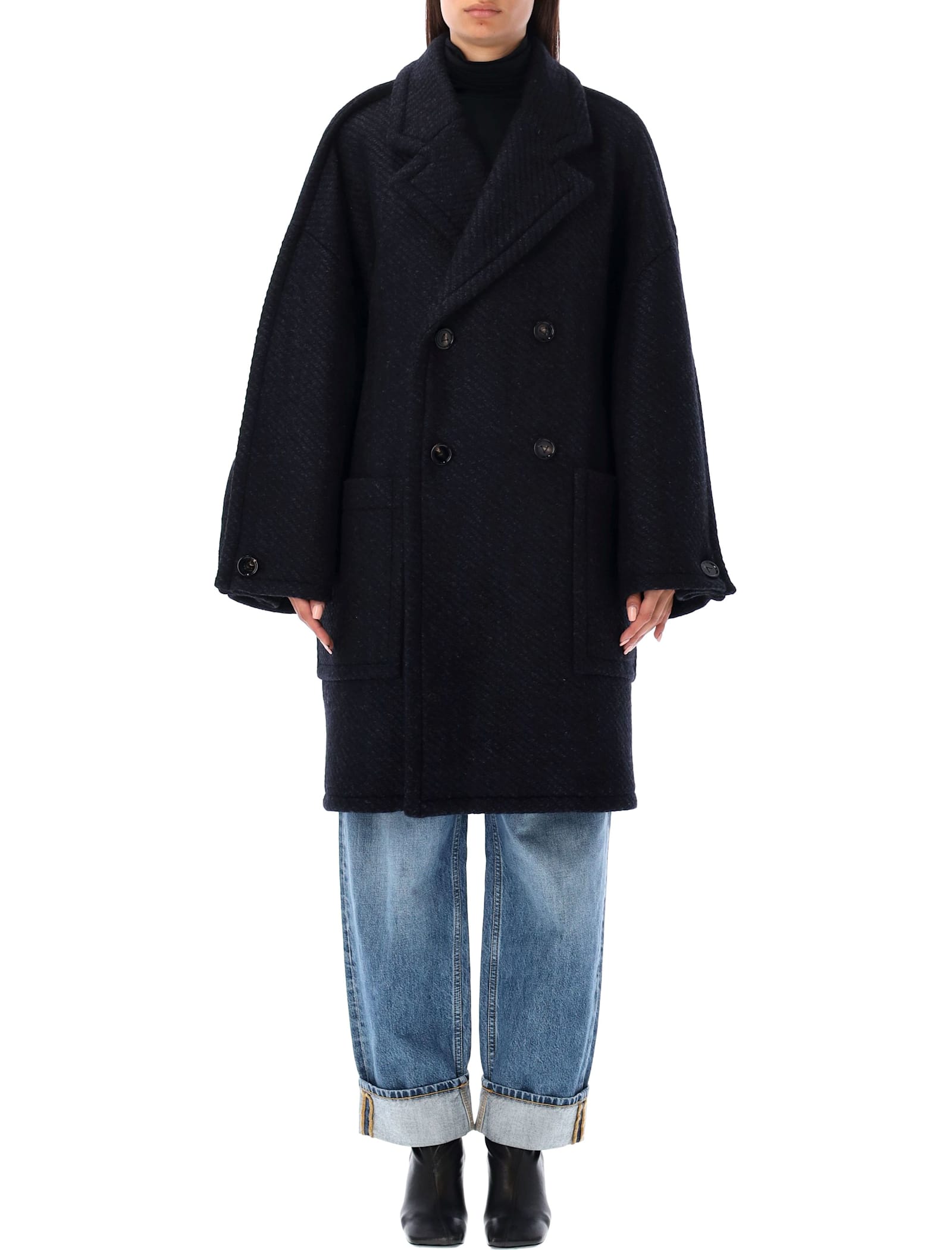 Shop Bottega Veneta Bicolor Diagonal Wool Coat In Black Navy