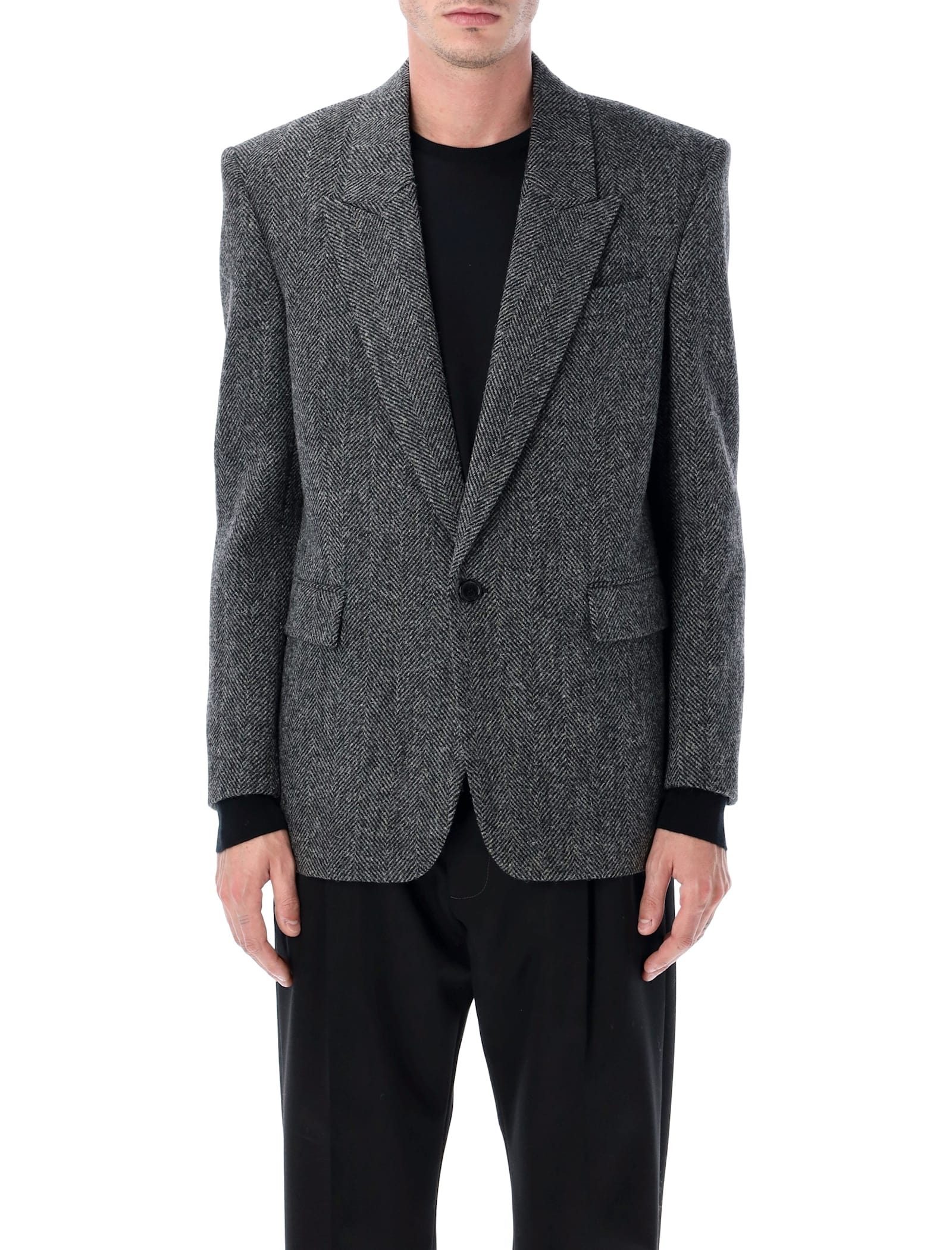 Saint Laurent Oversized Single-breasted Herringbone Wool Jacket In Black