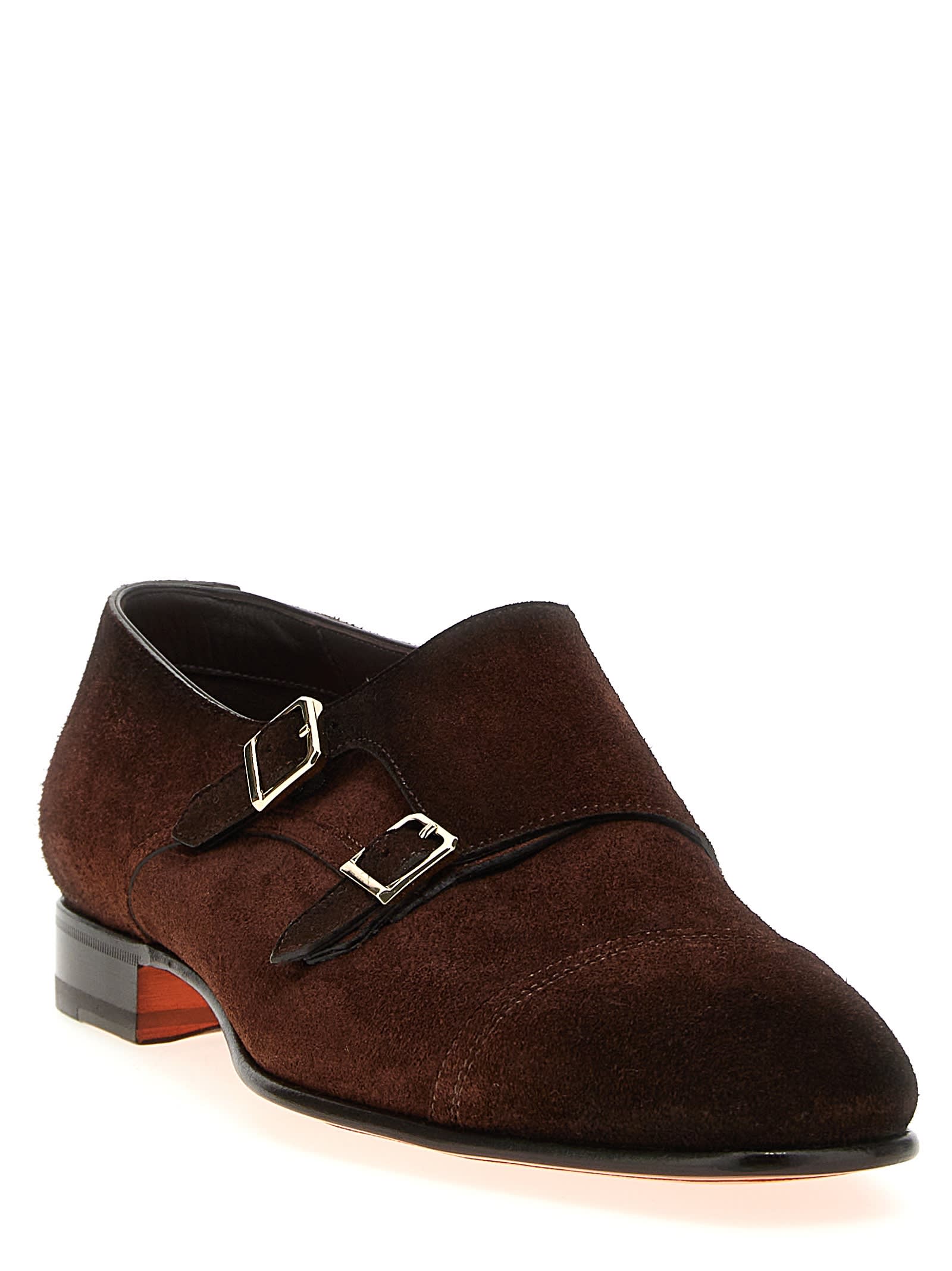 Santoni Dark Brown Double Buckle Dress Shoes