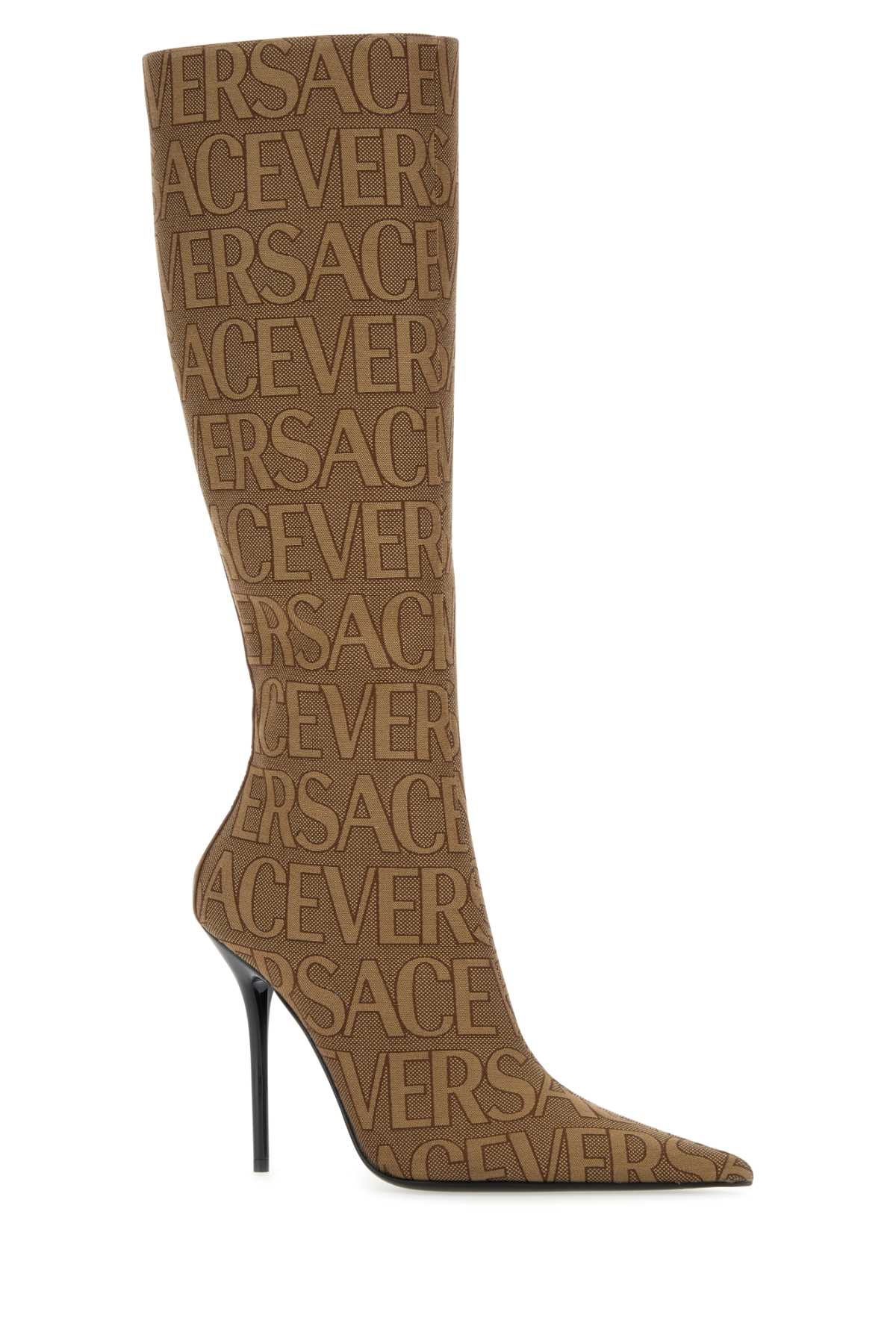 Shop Versace Embroidered Jacquard Cavas  Allover Boots In 2n24p