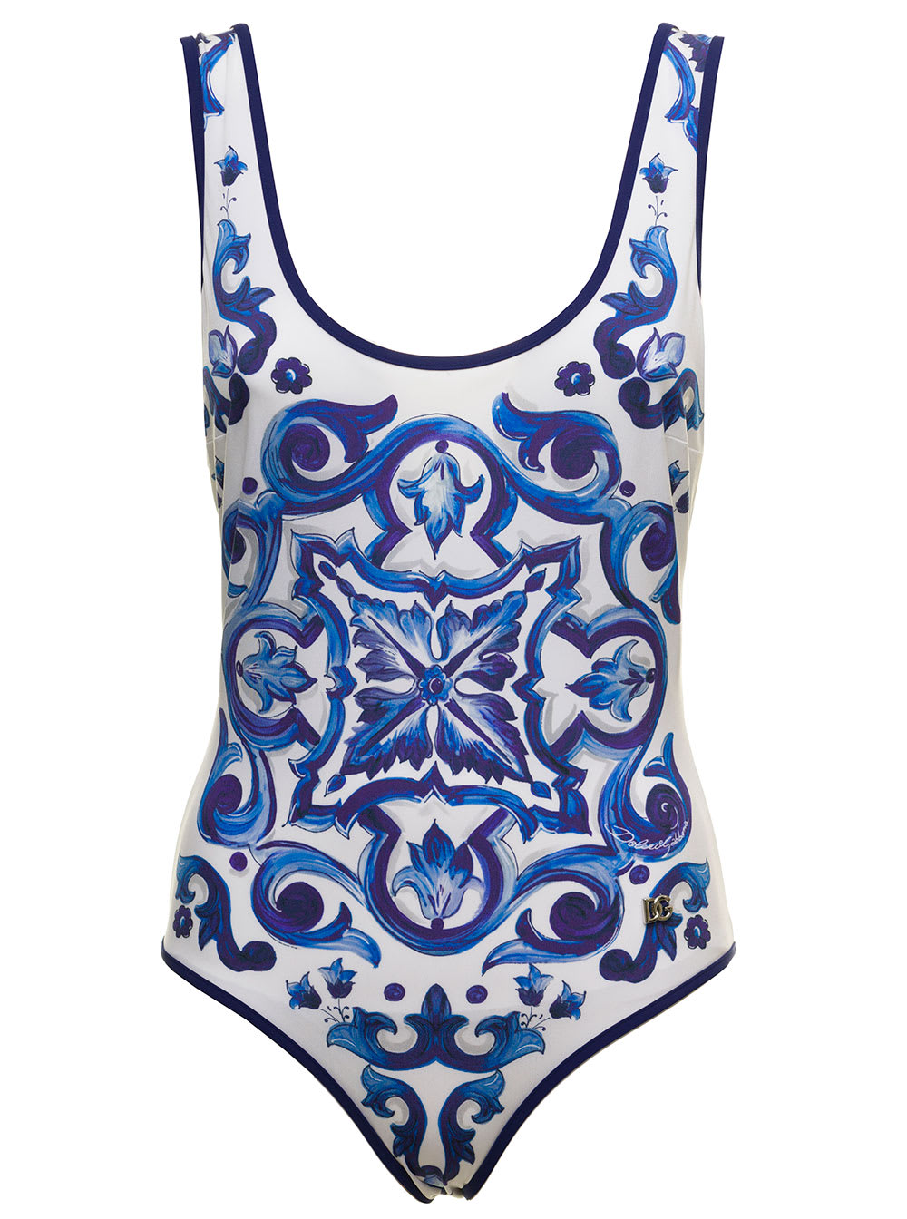 DOLCE & GABBANA MAIOLICA WHITE AND BLUE LYCRA SWIMSUIT WOMAN