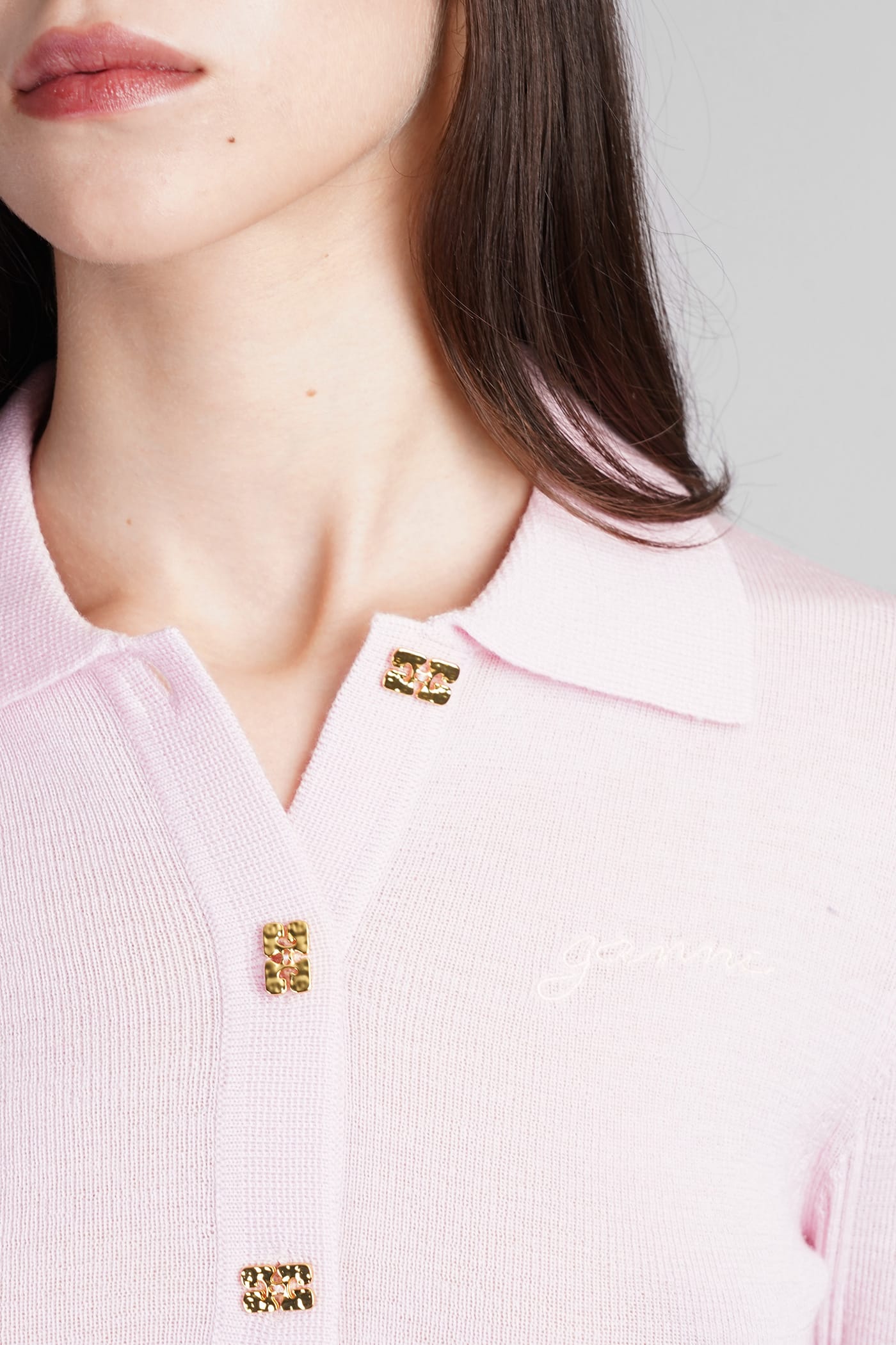 Shop Ganni Polo In Rose-pink Wool