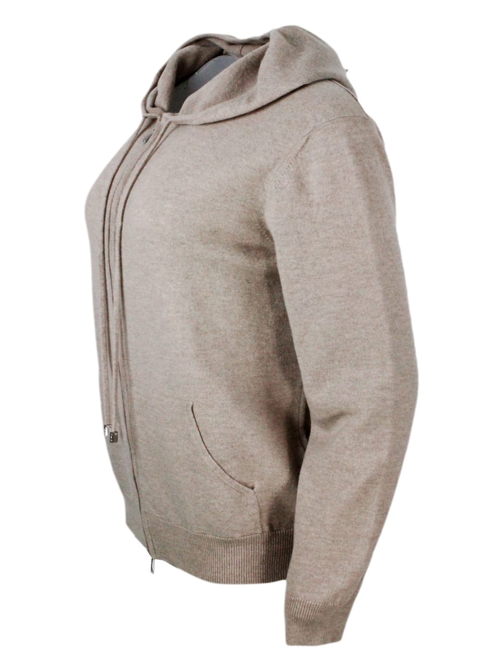 Shop Malo Sweatshirt Style Sweater In Pure And Soft Cashmere With Hood And Zip Closure In Beige