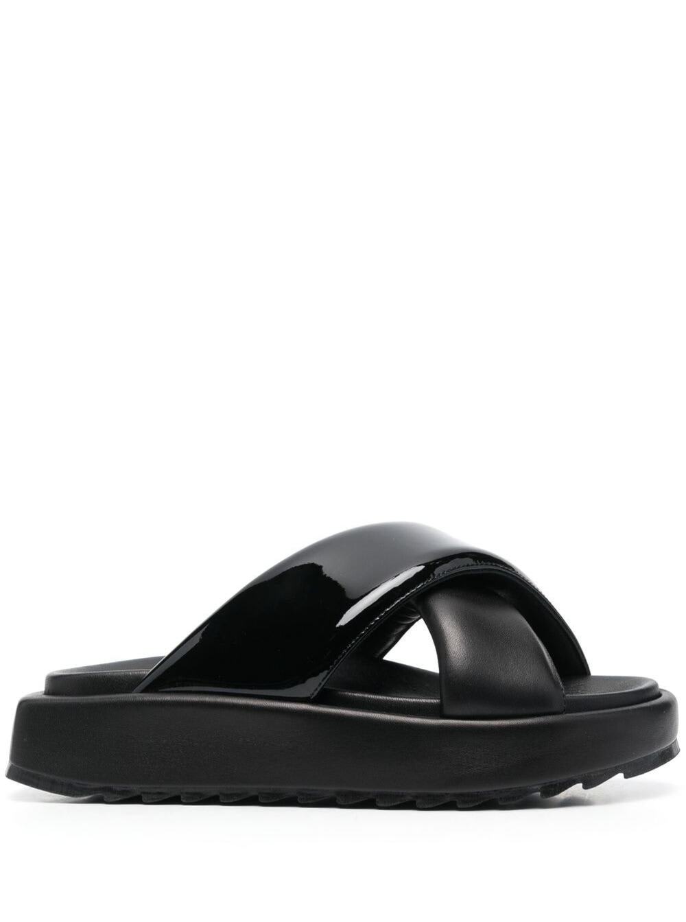 Black Crossover Strap Slides Glossy Finish In Leather Woman