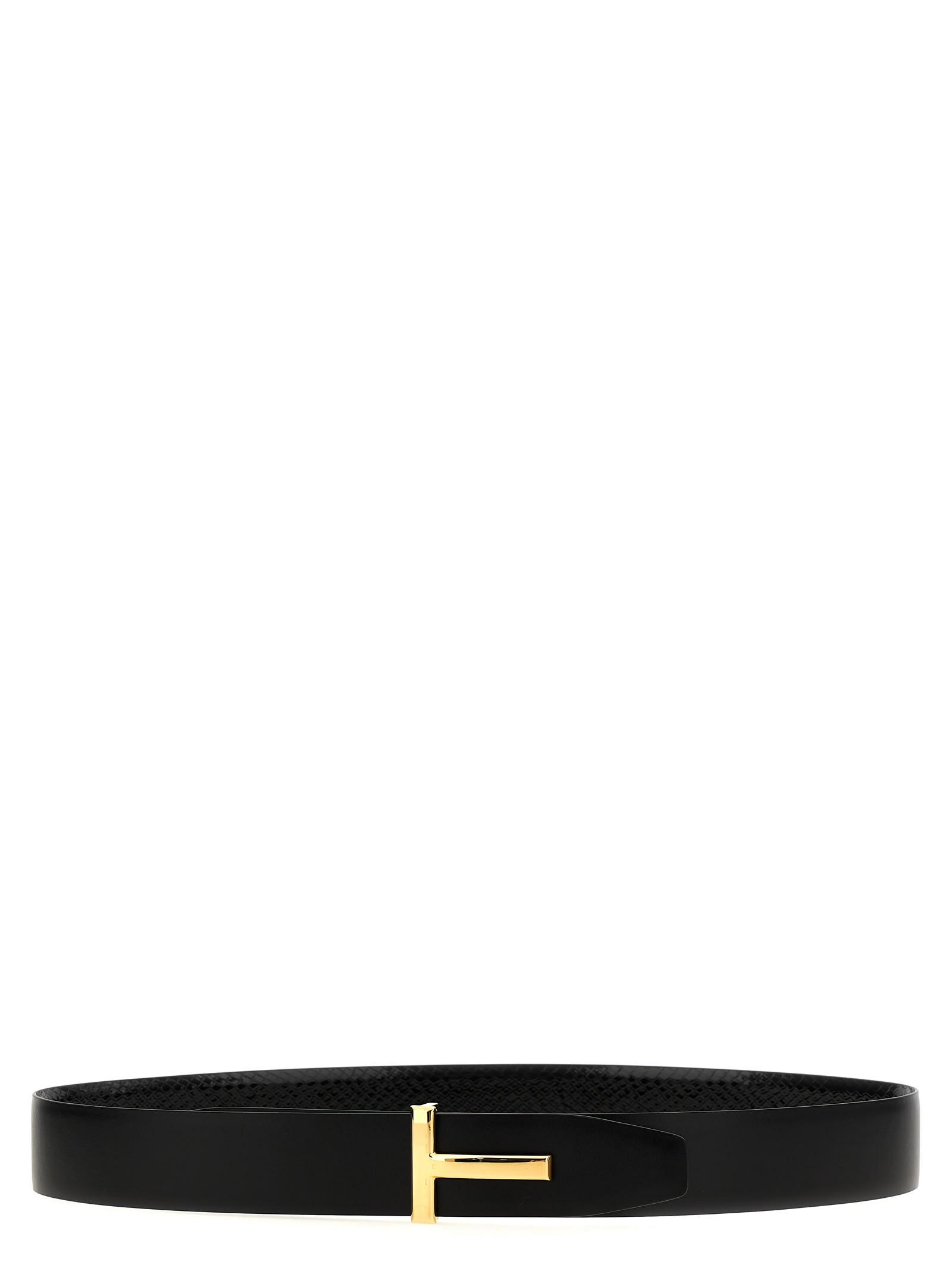 Tom Ford Black Calfskin Leather Belt With Gold T Buckle In Black