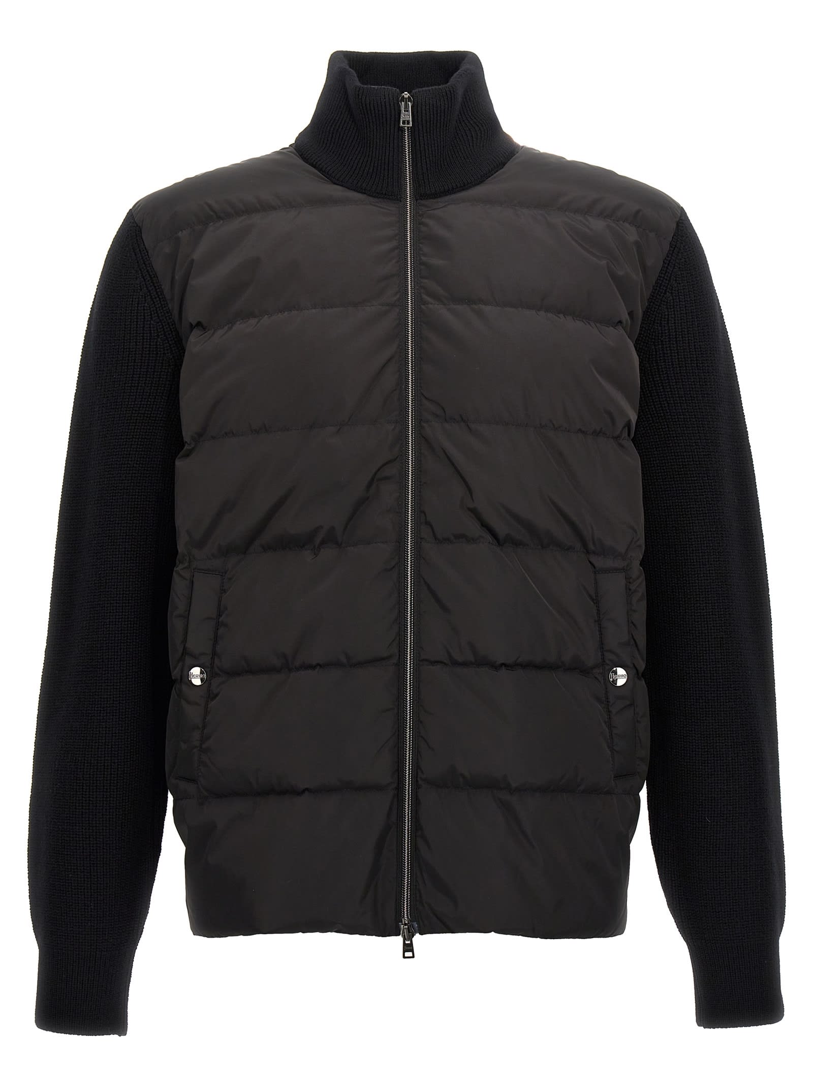 Herno Two-material Puffer Jacket In Black