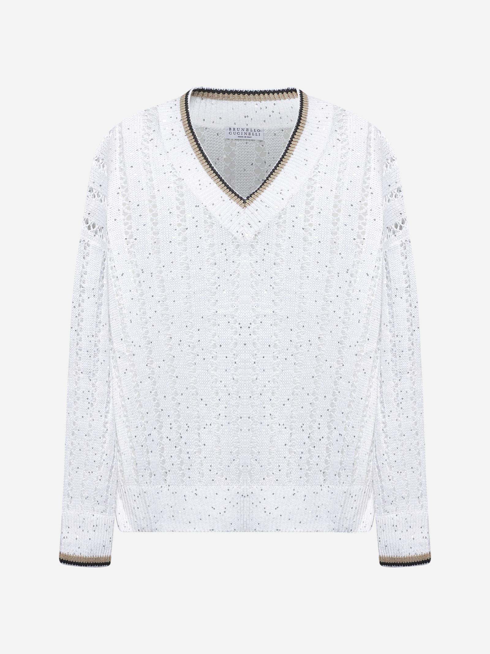 Brunello Cucinelli Perforated Linen Sweater With Sequins In Bianco+lignite+camel
