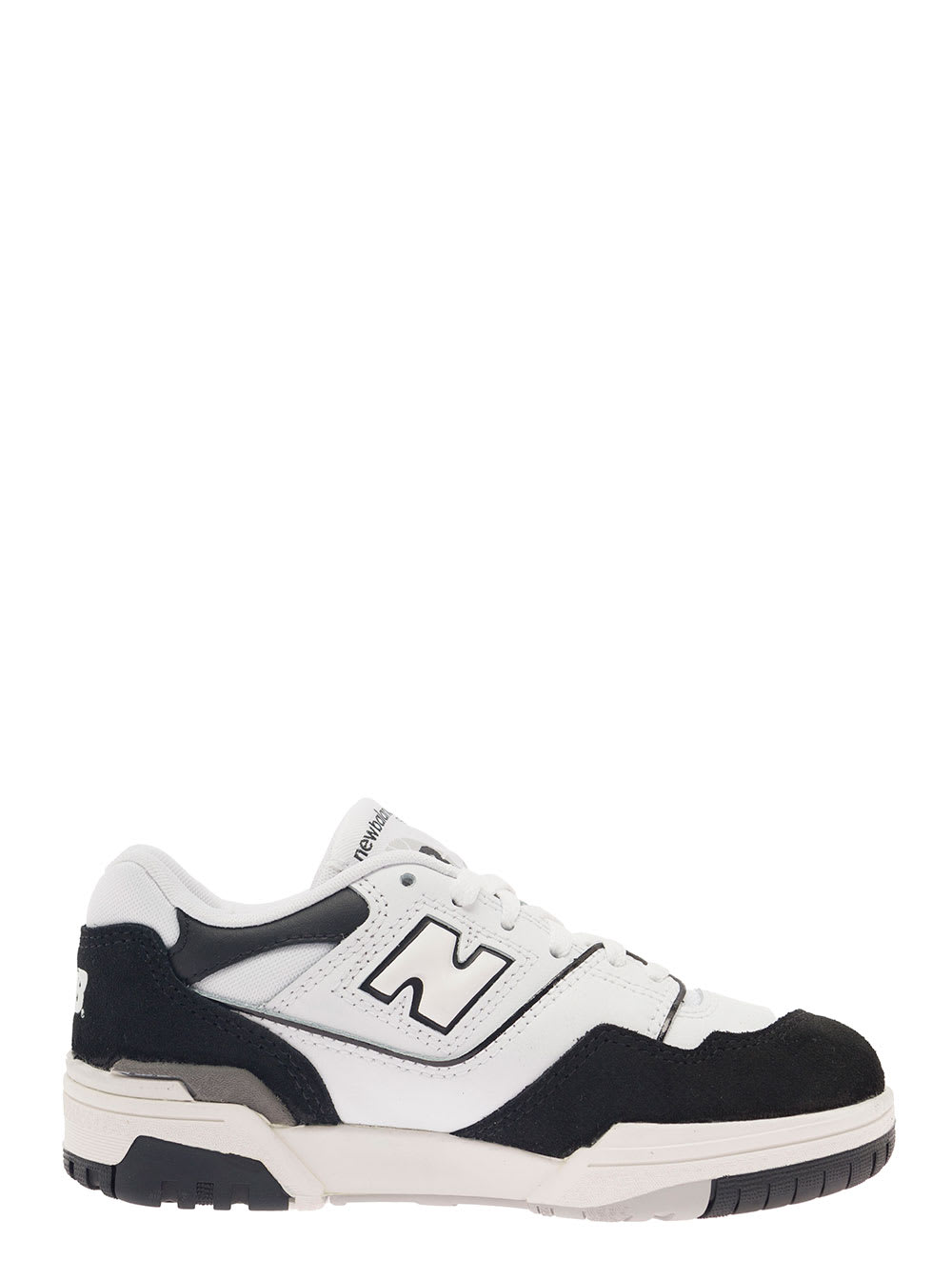 New Balance 550 White And Black Sneakers With Side Logo And Suede Inserts In Leather Boy In Multicolor