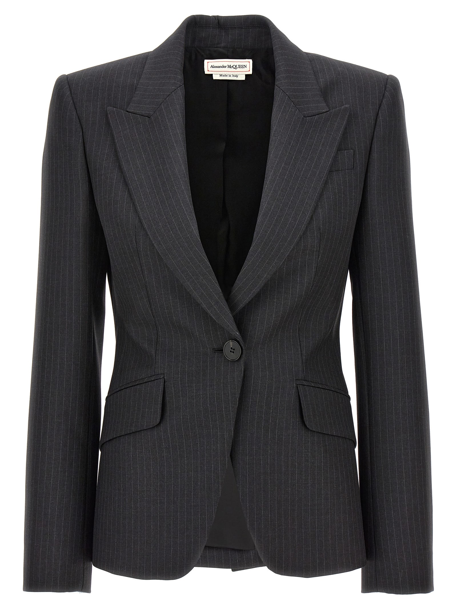 Shop Alexander Mcqueen Single-breasted Pinstripe Blazer In Gray