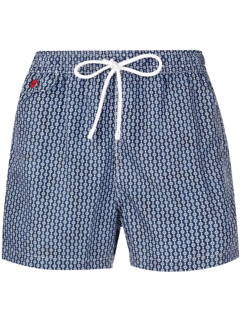Kiton Navy Blue Swim Shorts With White Geometric Floral Micro Pattern