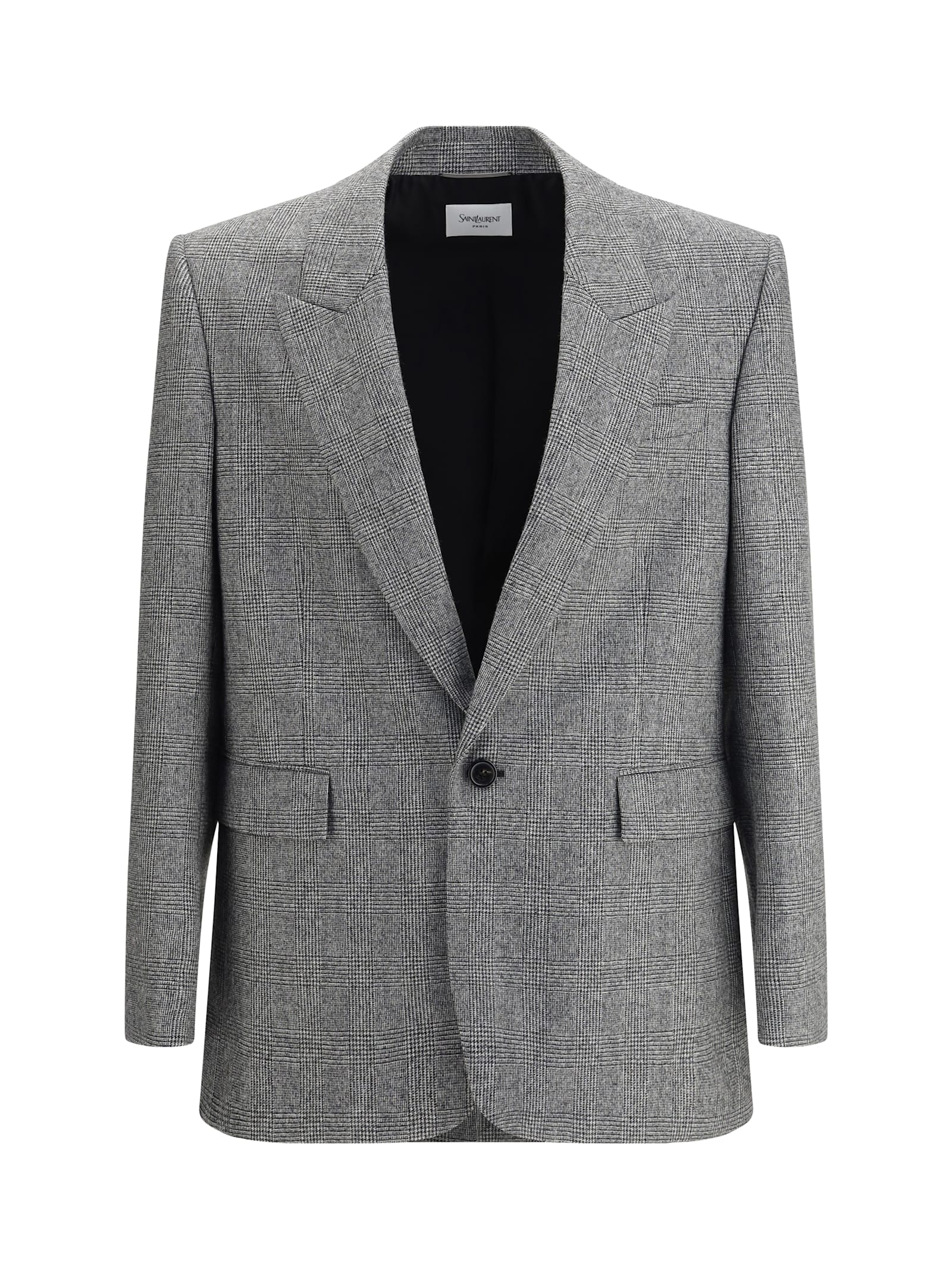 Saint Laurent Prince De Galles Wool Flannel Blazer In Gray