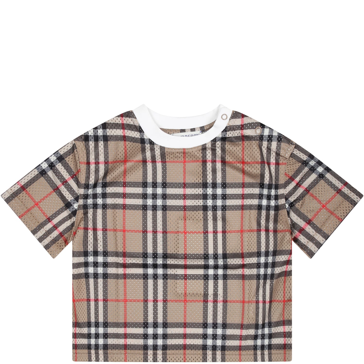 Burberry Kids' Beige T-shirt For Baby Boy With Iconic Vintage Check In Brown
