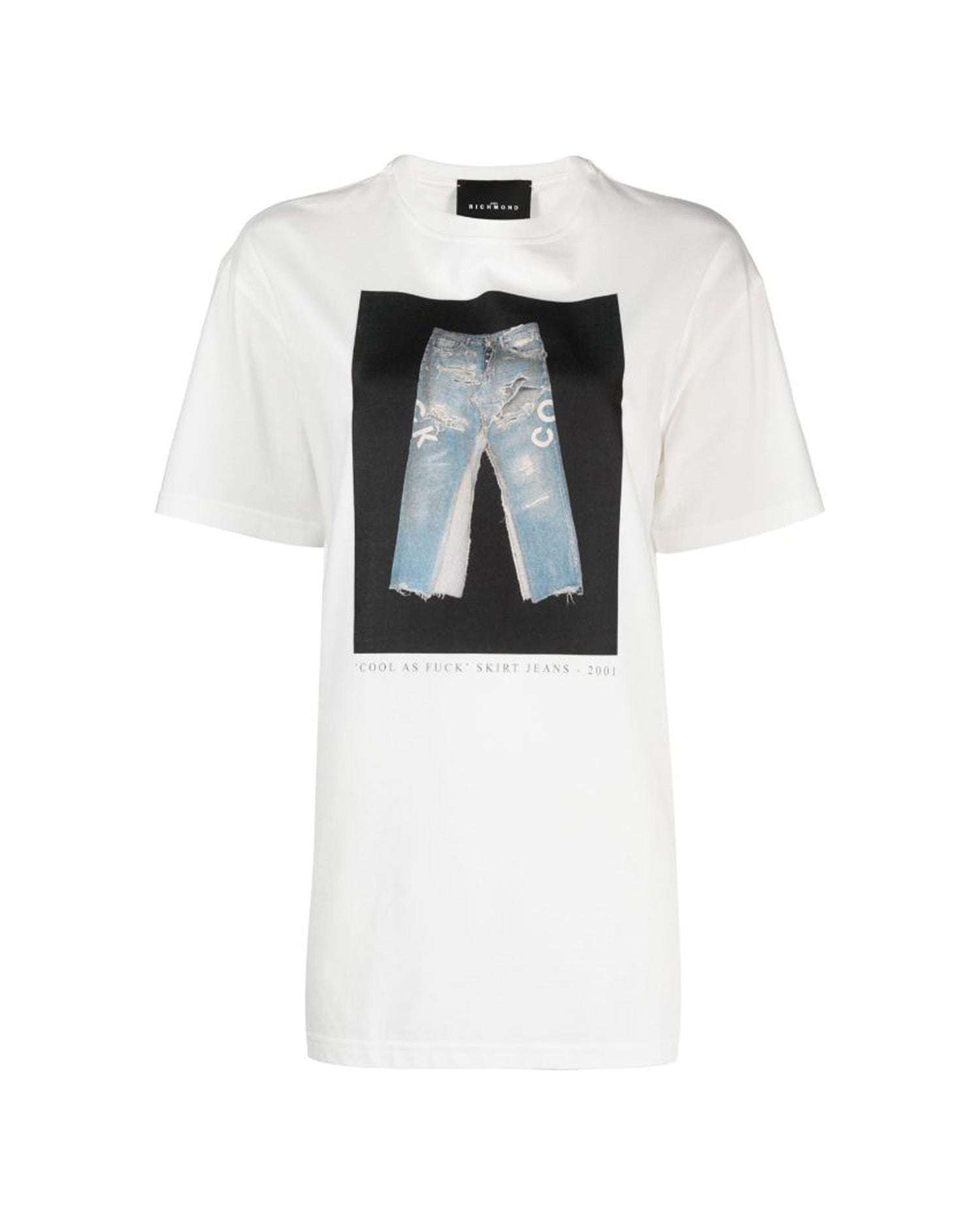 Shop John Richmond Cotton T-shirt With Decorative Print Denim In Bianco