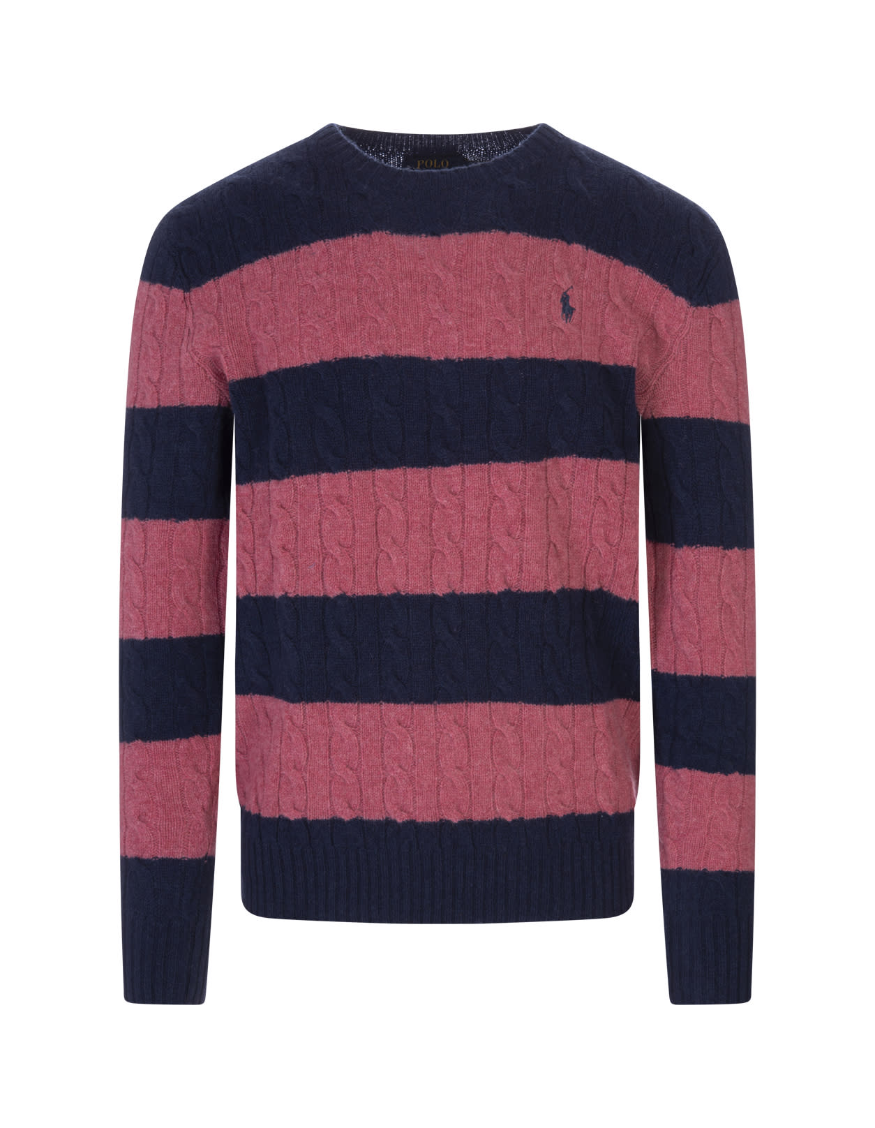 Ralph Lauren Man Pink And Navy Blue Braided Sweater With Striped Pattern