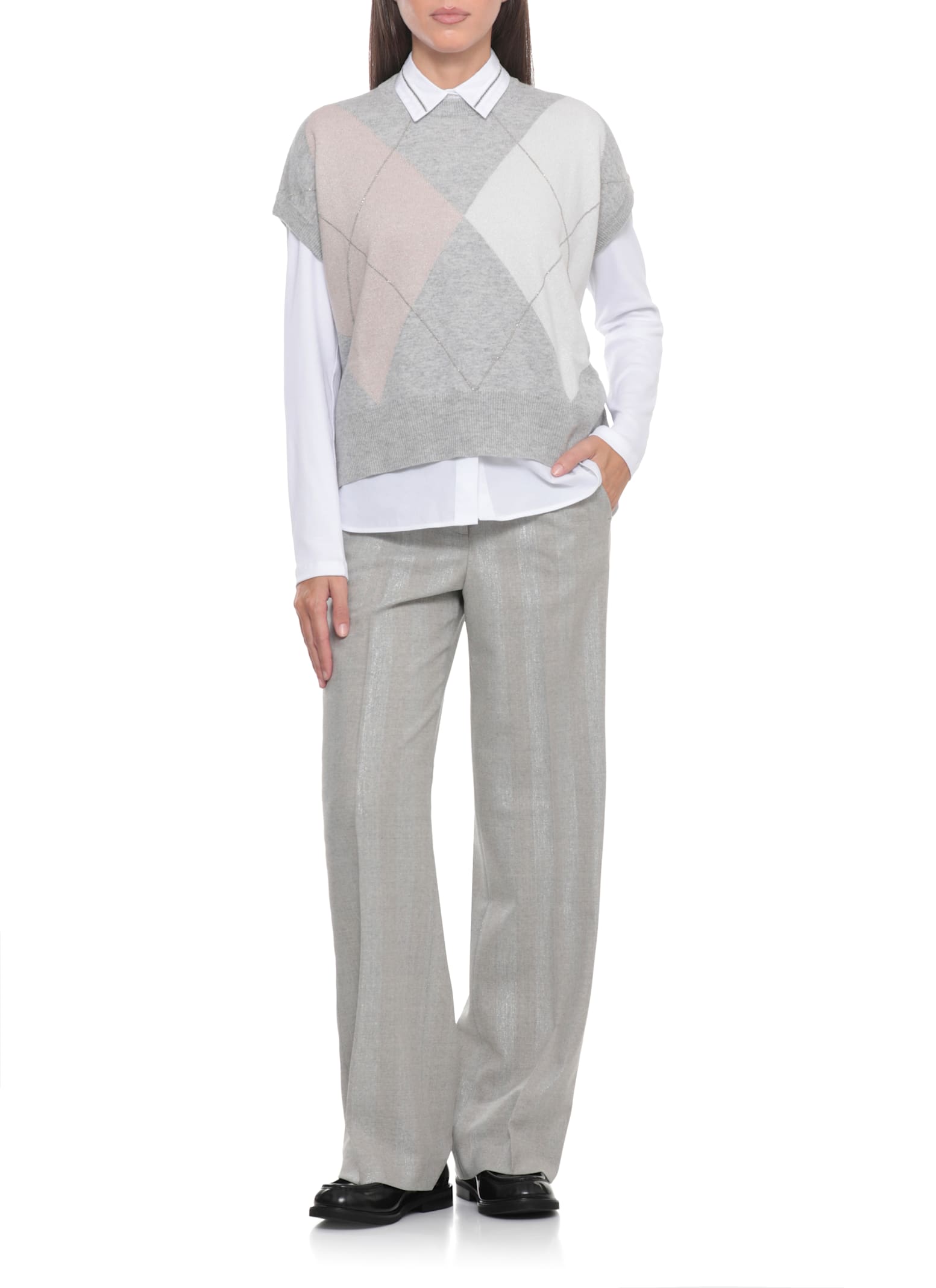 Peserico Argyle Pattern Wool And Silk Top In Gray