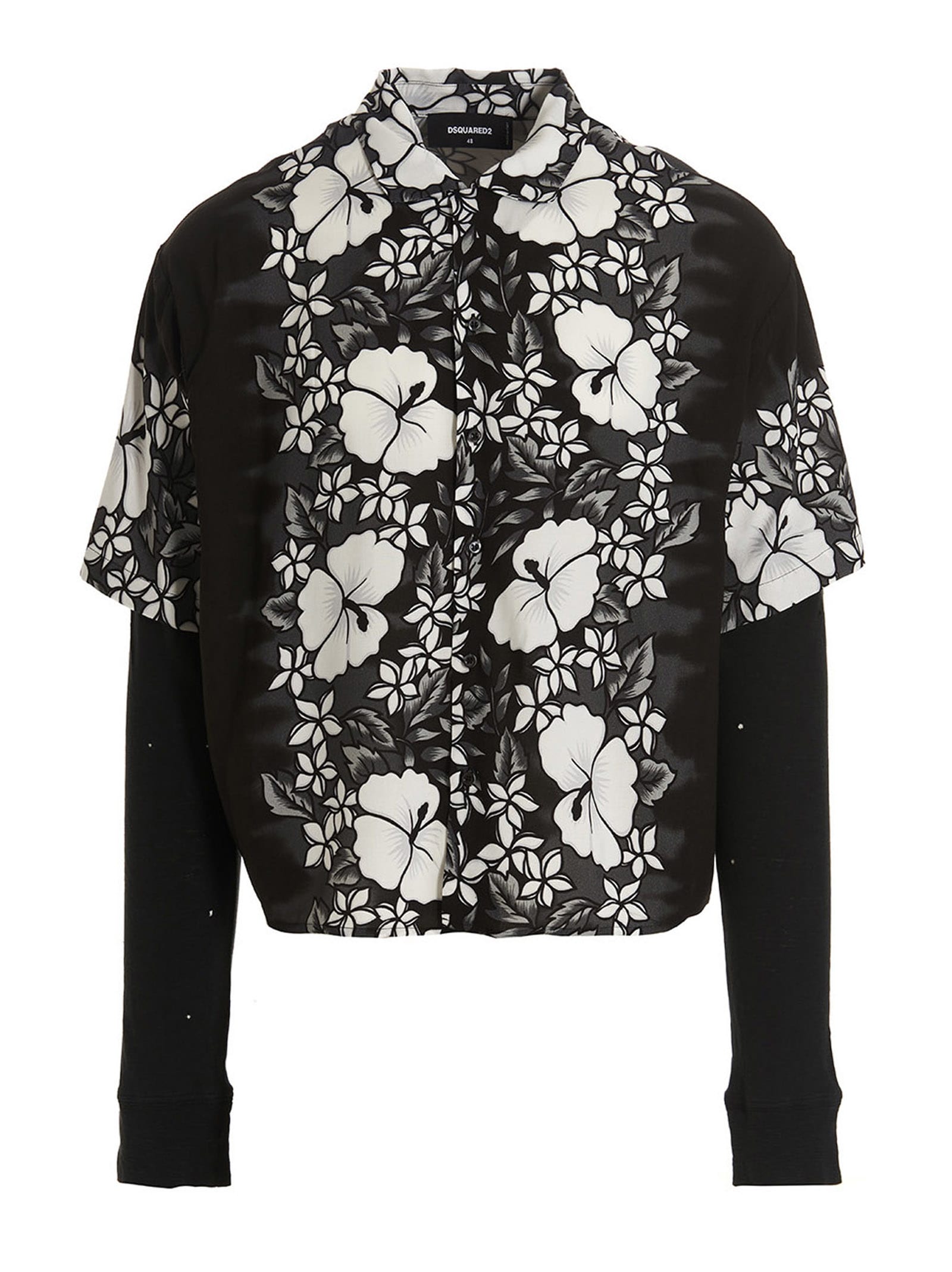 Dsquared2 Double-layered Bowling Shirt With Floral Pattern In Black/white